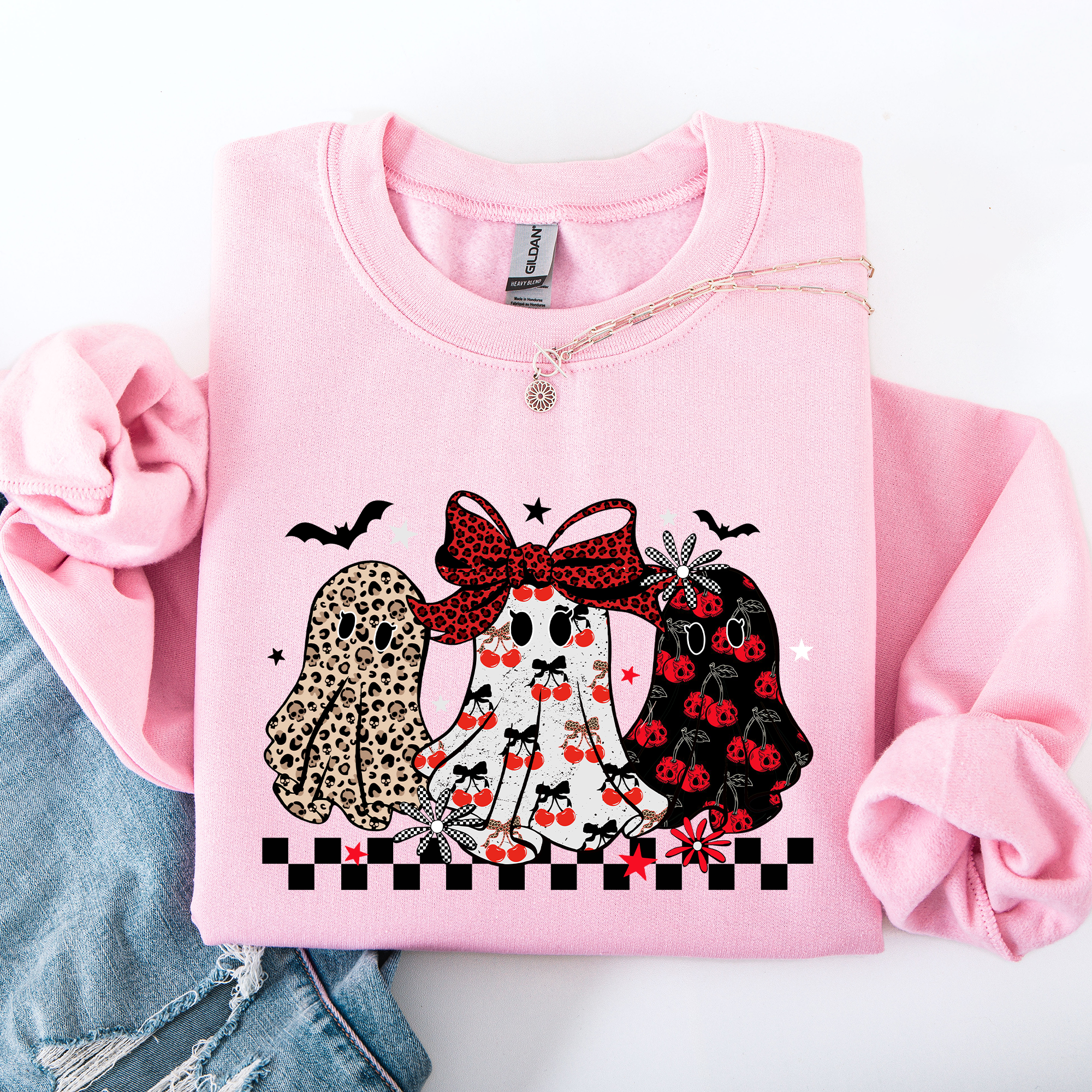 Retro Halloween Ghosts, Checkered, Pattern - Adult & Kids T-Shirts, Sweatshirts & Hoodies apparel design preview 1
