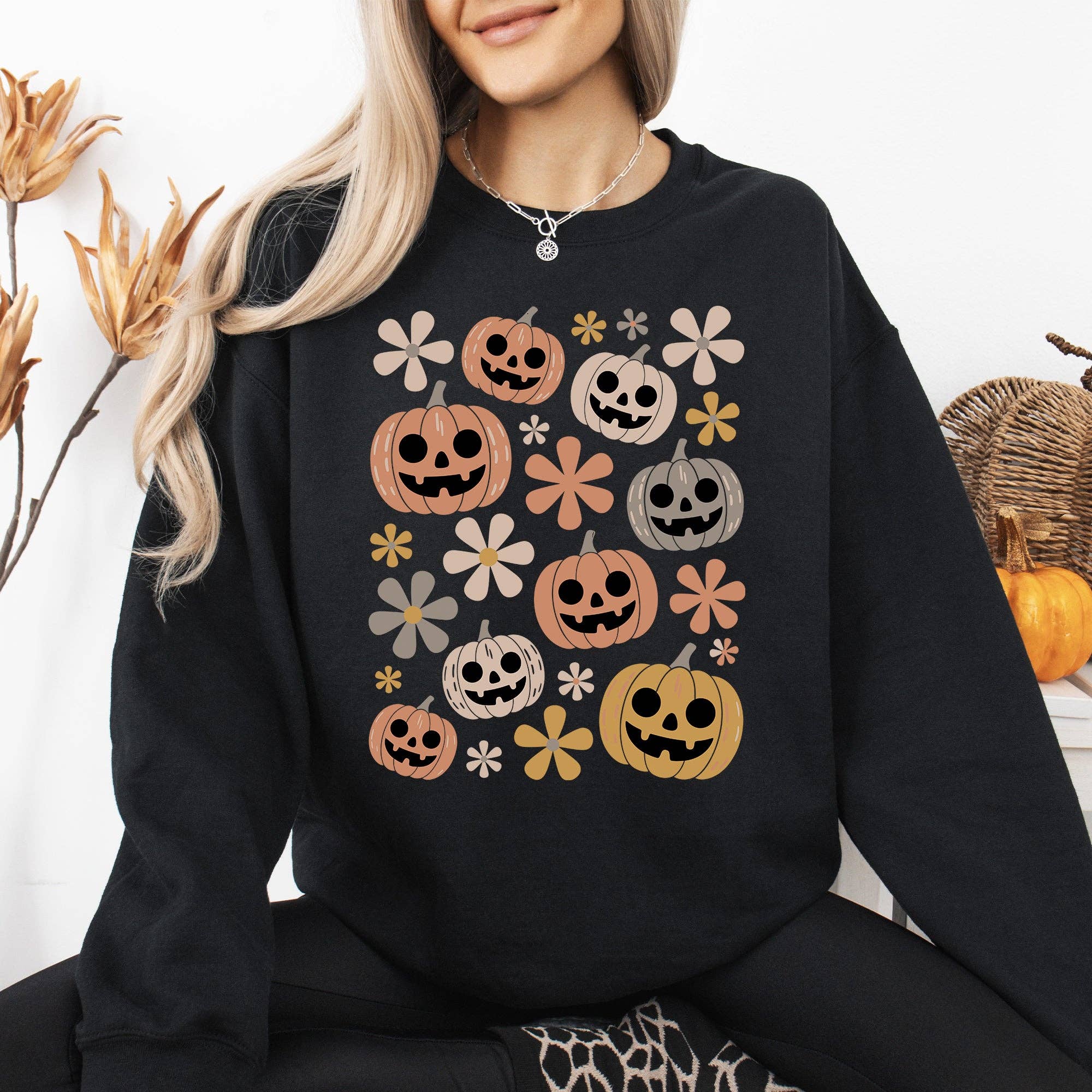 Pumpkins and Flowers, Halloween, Graphic - Adult & Kids T-Shirts, Sweatshirts & Hoodies apparel design preview 1