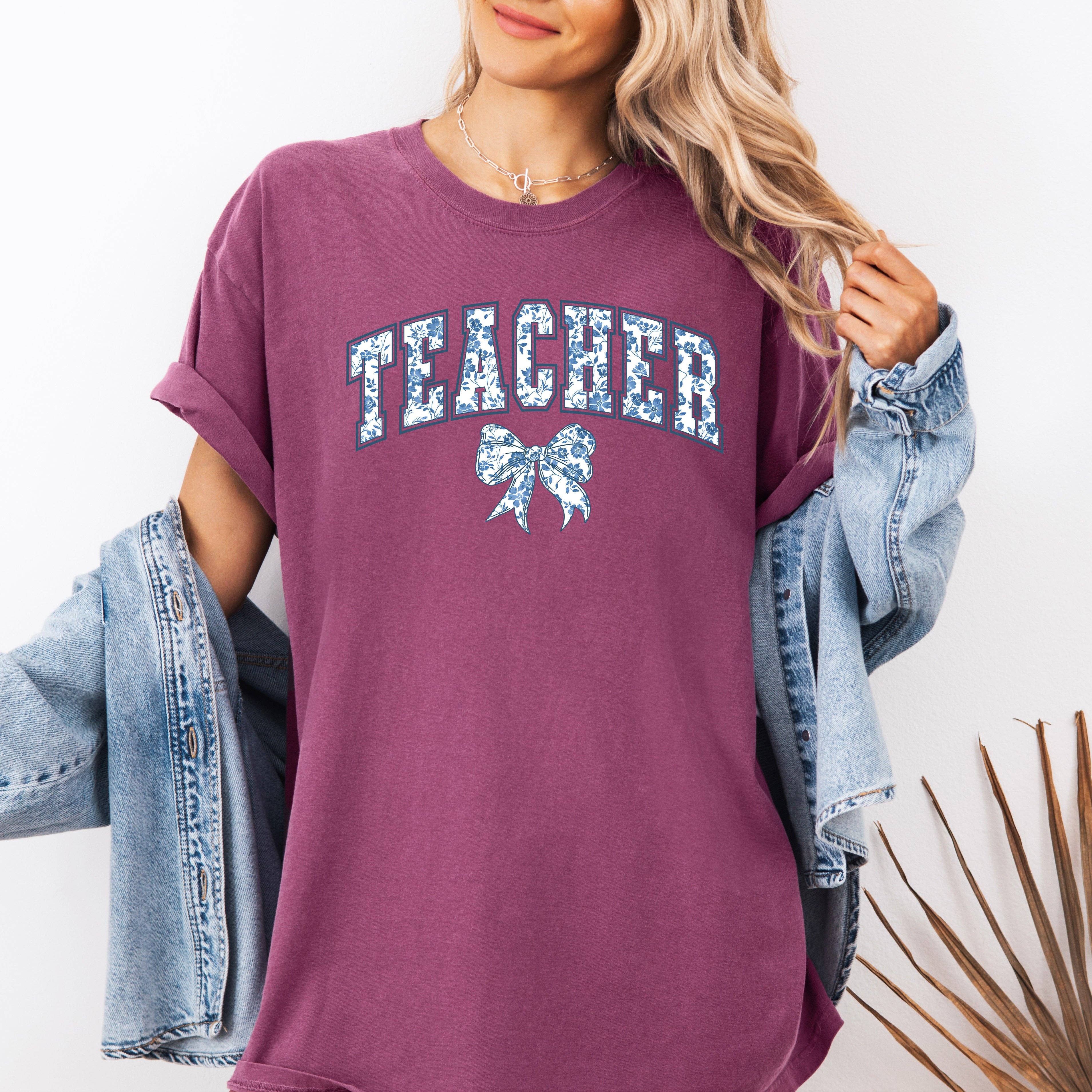 Teacher, Bow, Blue Floral, First Day of School, - Adult & Kids T-Shirts, Sweatshirts & Hoodies apparel design preview 1