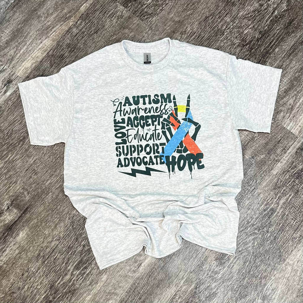 Autism Awareness Skeleton Hand with Ribbon On Ash - Adult & Kids T-Shirts, Sweatshirts & Hoodies apparel design preview 1