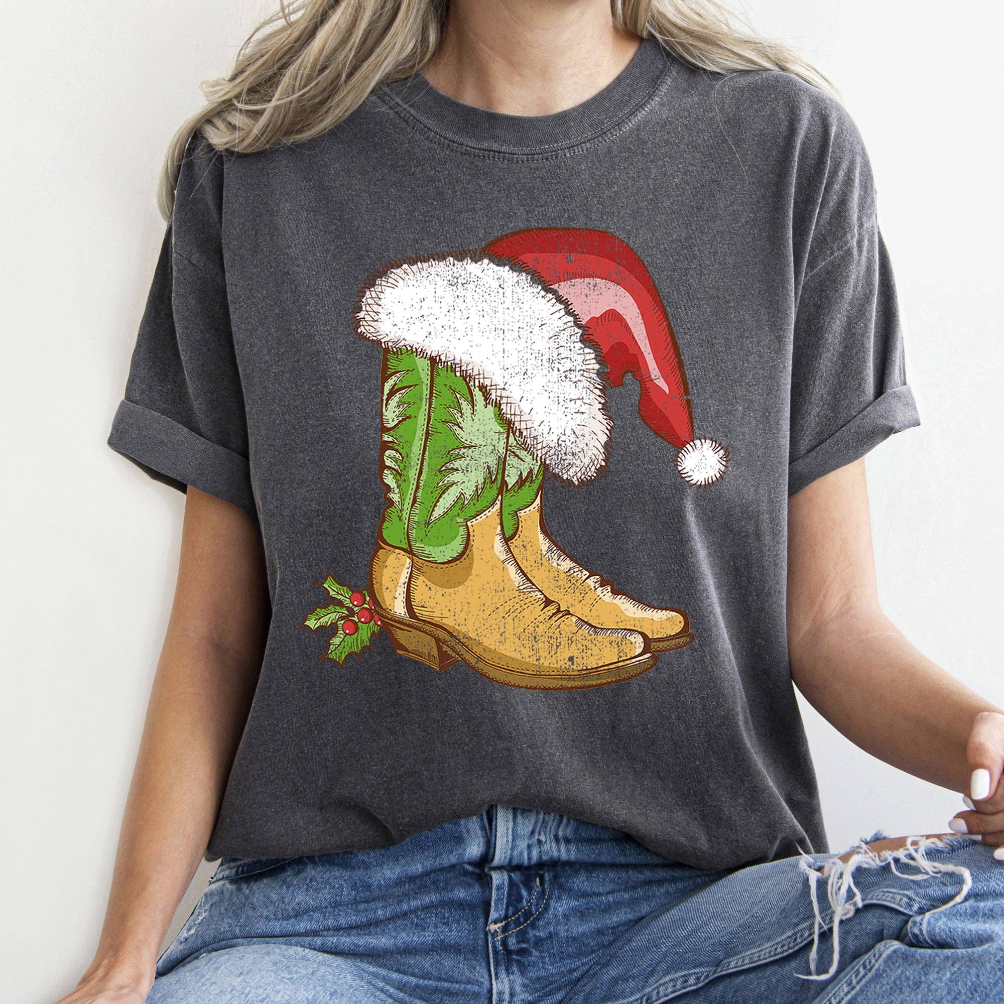 Country Christmas Cowboy Boots, Santa Hat - Adult & Kids T-Shirts, Sweatshirts & Hoodies apparel design preview 1