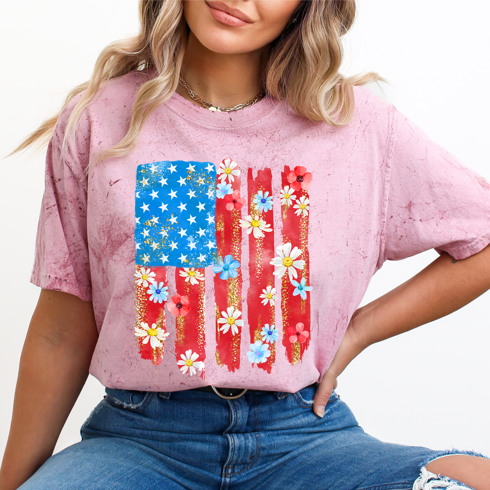 Retro Flower Flag, Fourth of July, America USA - Adult & Kids T-Shirts, Sweatshirts & Hoodies apparel design preview 1