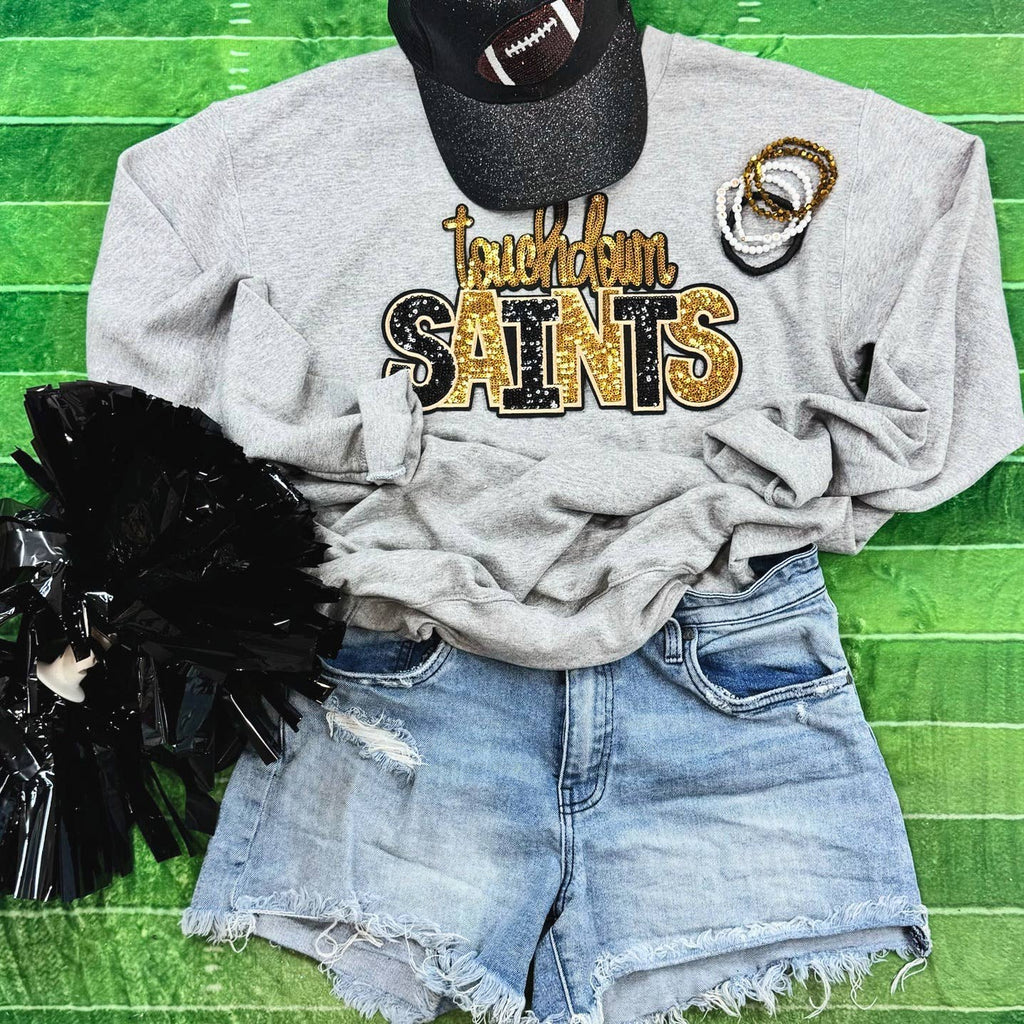 Touchdown Saints Sequin Patch Sport Grey Crewneck - Adult & Kids T-Shirts, Sweatshirts & Hoodies apparel design preview 1