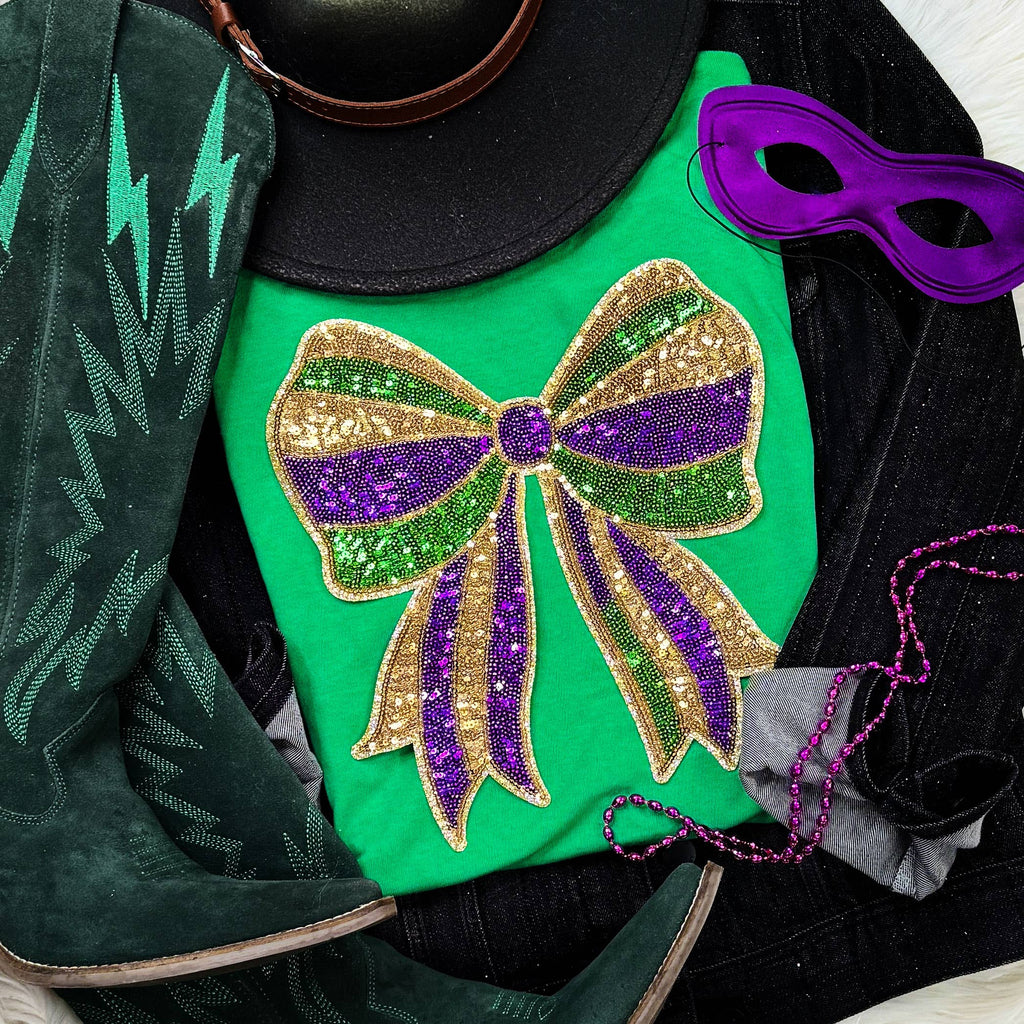 Mardi Gras Sequin Bow (Gold Backing) Patch - Adult & Kids T-Shirts, Sweatshirts & Hoodies apparel design preview 1