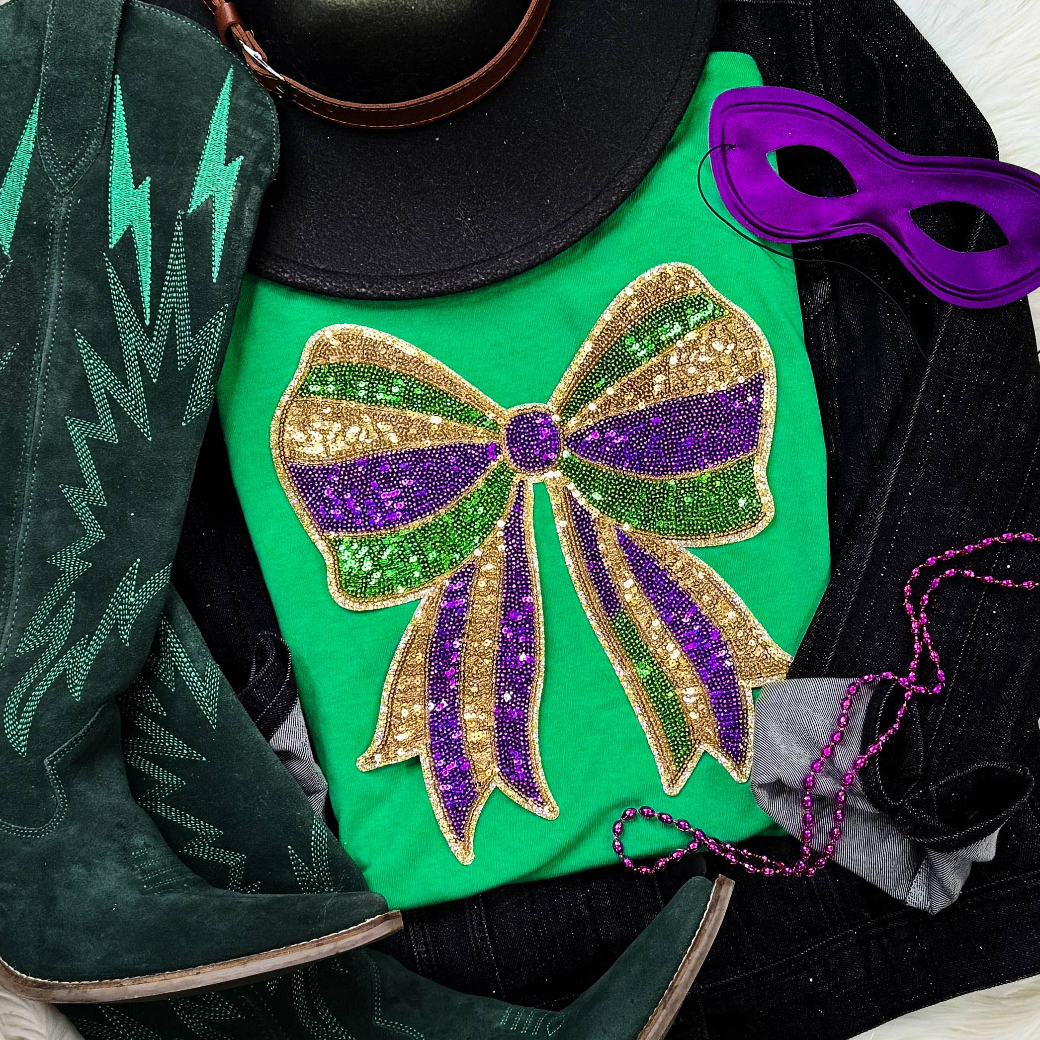 Mardi Gras Sequin Bow (Gold Backing) Patch - Adult & Kids T-Shirts, Sweatshirts & Hoodies apparel design preview 1