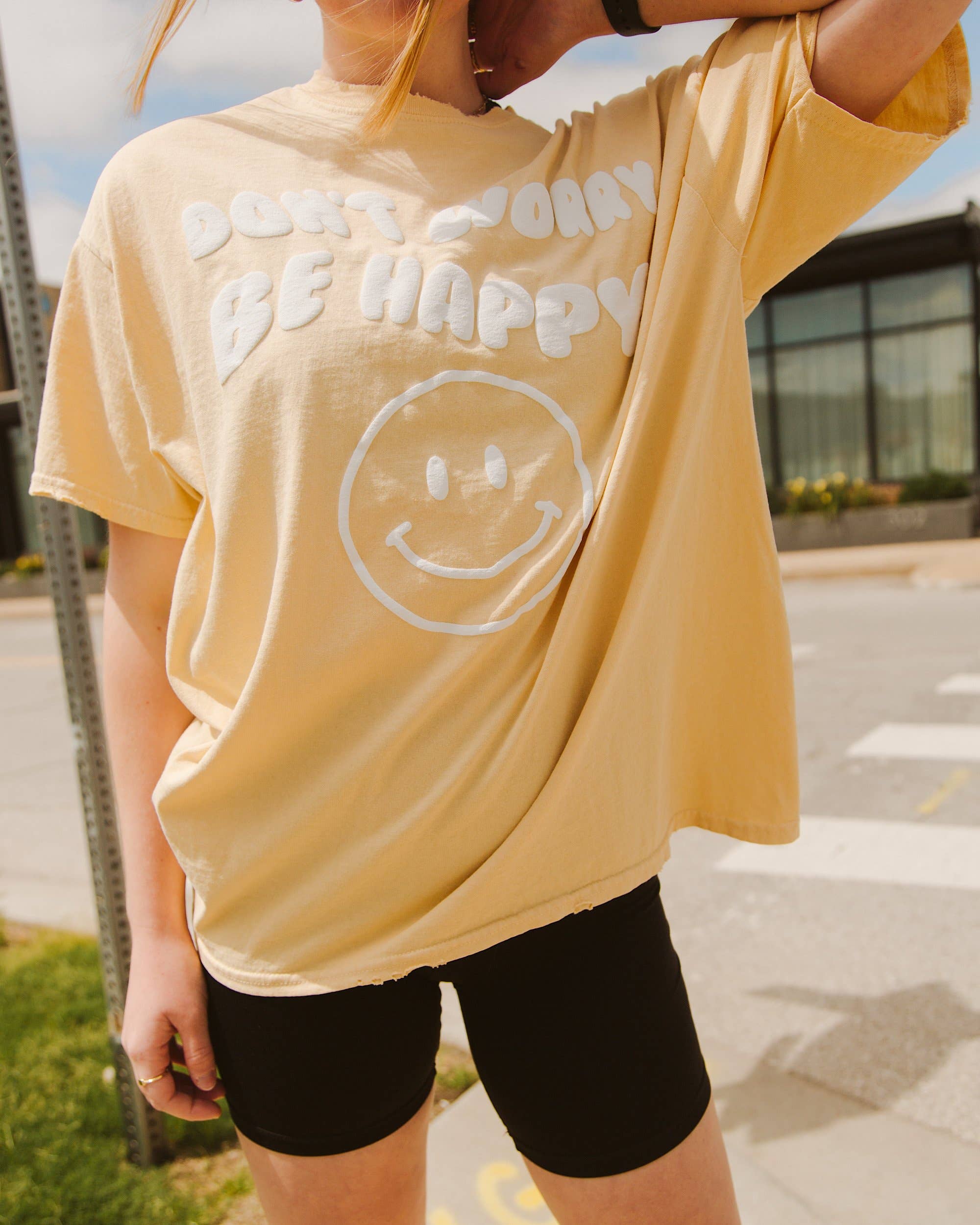 Don't Worry Be Happy Puff Ink Yellow Thrifted Graphic - Adult & Kids T-Shirts, Sweatshirts & Hoodies apparel design preview 1