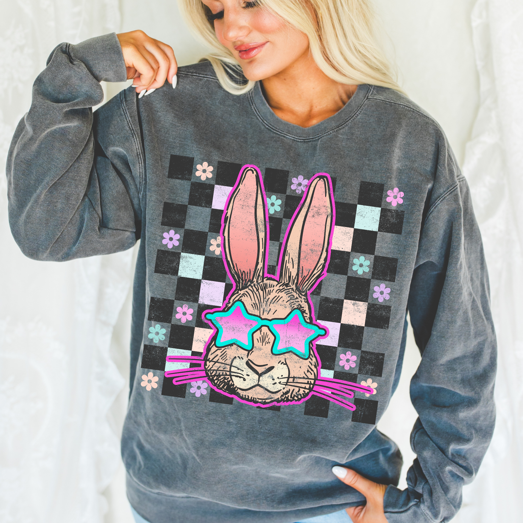 Retro Bunny Comfort Color Easter Graphic Crewneck - Adult & Kids T-Shirts, Sweatshirts & Hoodies apparel design preview 1