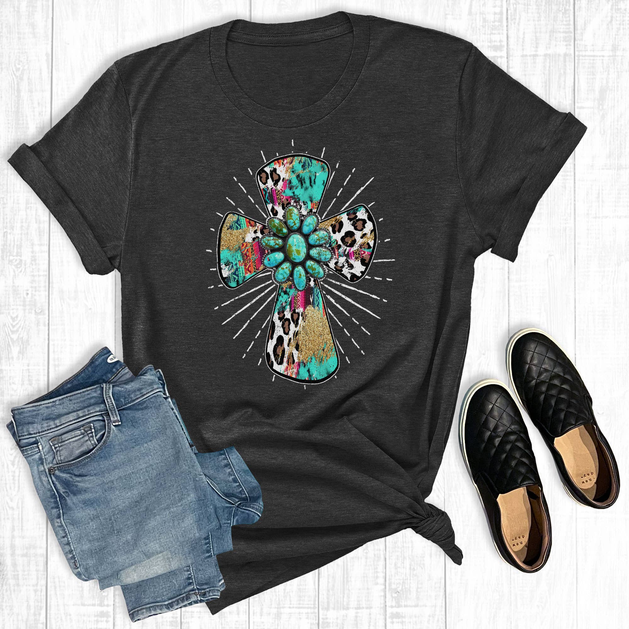 Western Turquoise Cross Charcoal - Adult & Kids T-Shirts, Sweatshirts & Hoodies apparel design preview 1