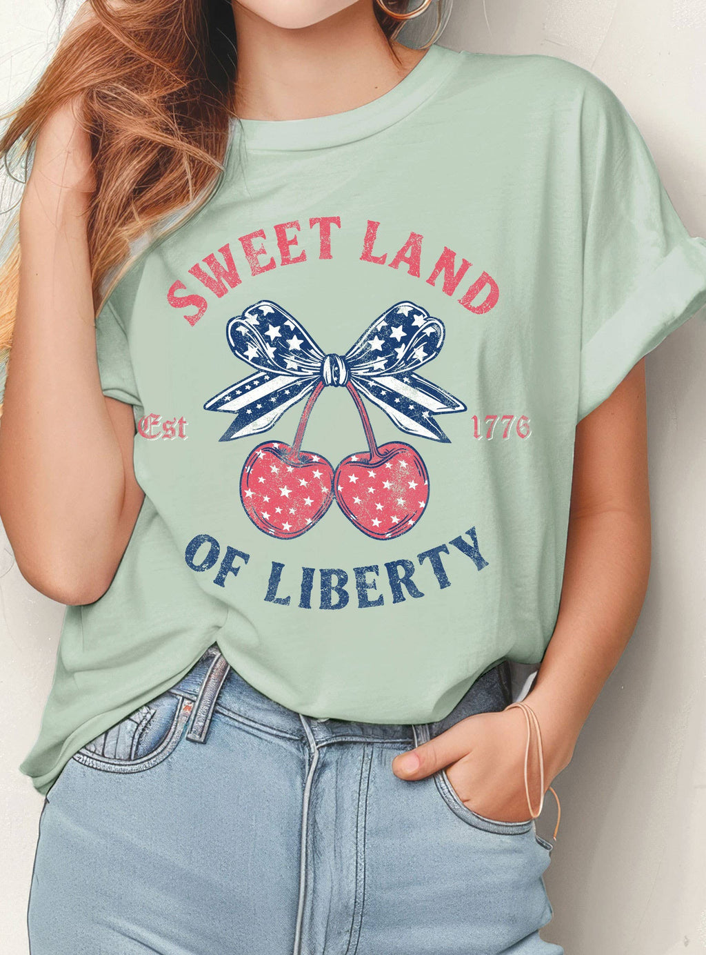 Sweet Land of Liberty America Flag Bow Cherry Graphic - Adult & Kids T-Shirts, Sweatshirts & Hoodies apparel design preview 1