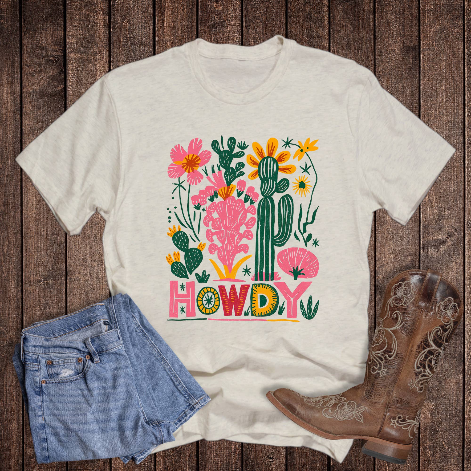 Western Boho Cactus Howdy Graphic - Adult & Kids T-Shirts, Sweatshirts & Hoodies apparel design preview 1