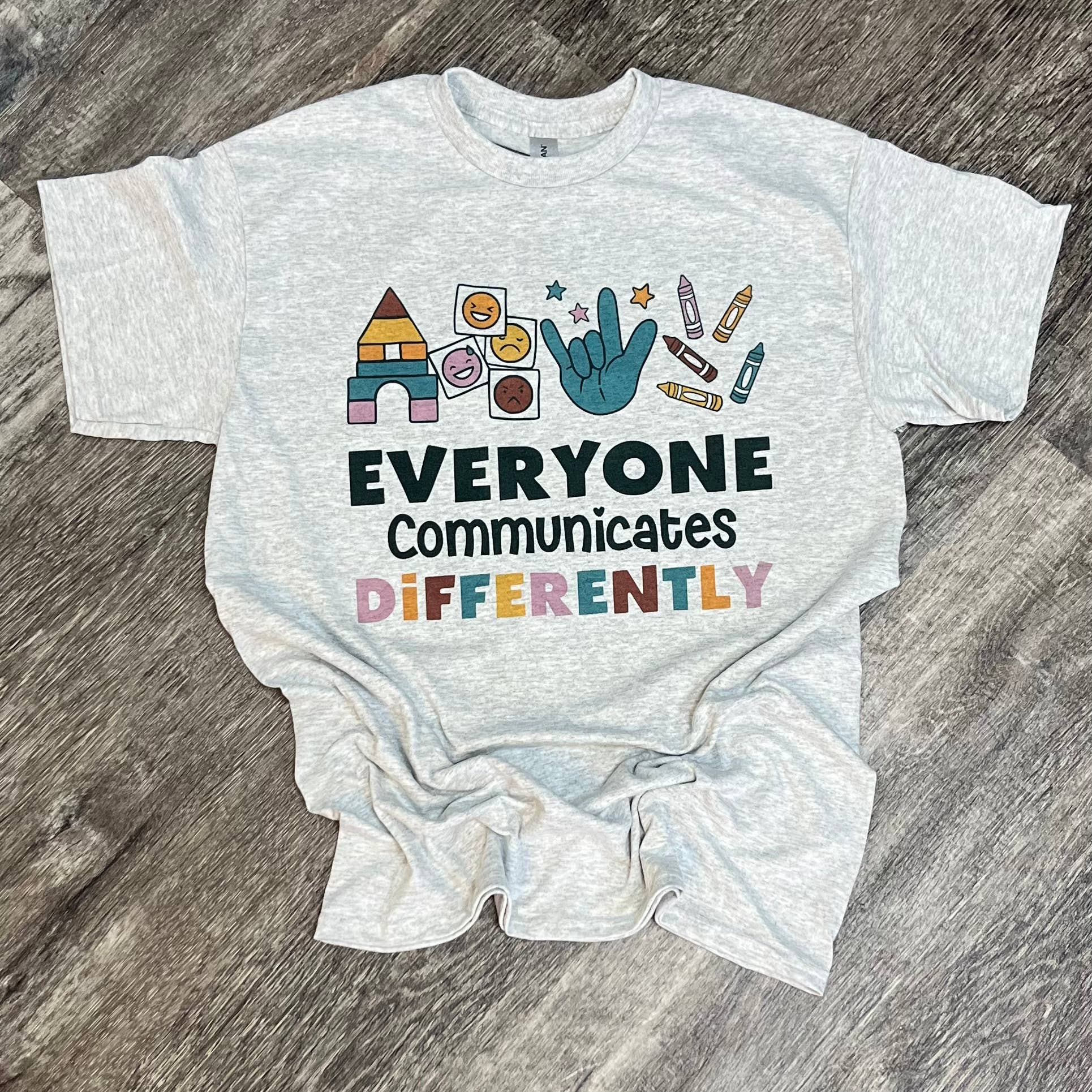 Autism Everyone Communicates Differently (Blocks) Ash - Adult & Kids T-Shirts, Sweatshirts & Hoodies apparel design preview 1