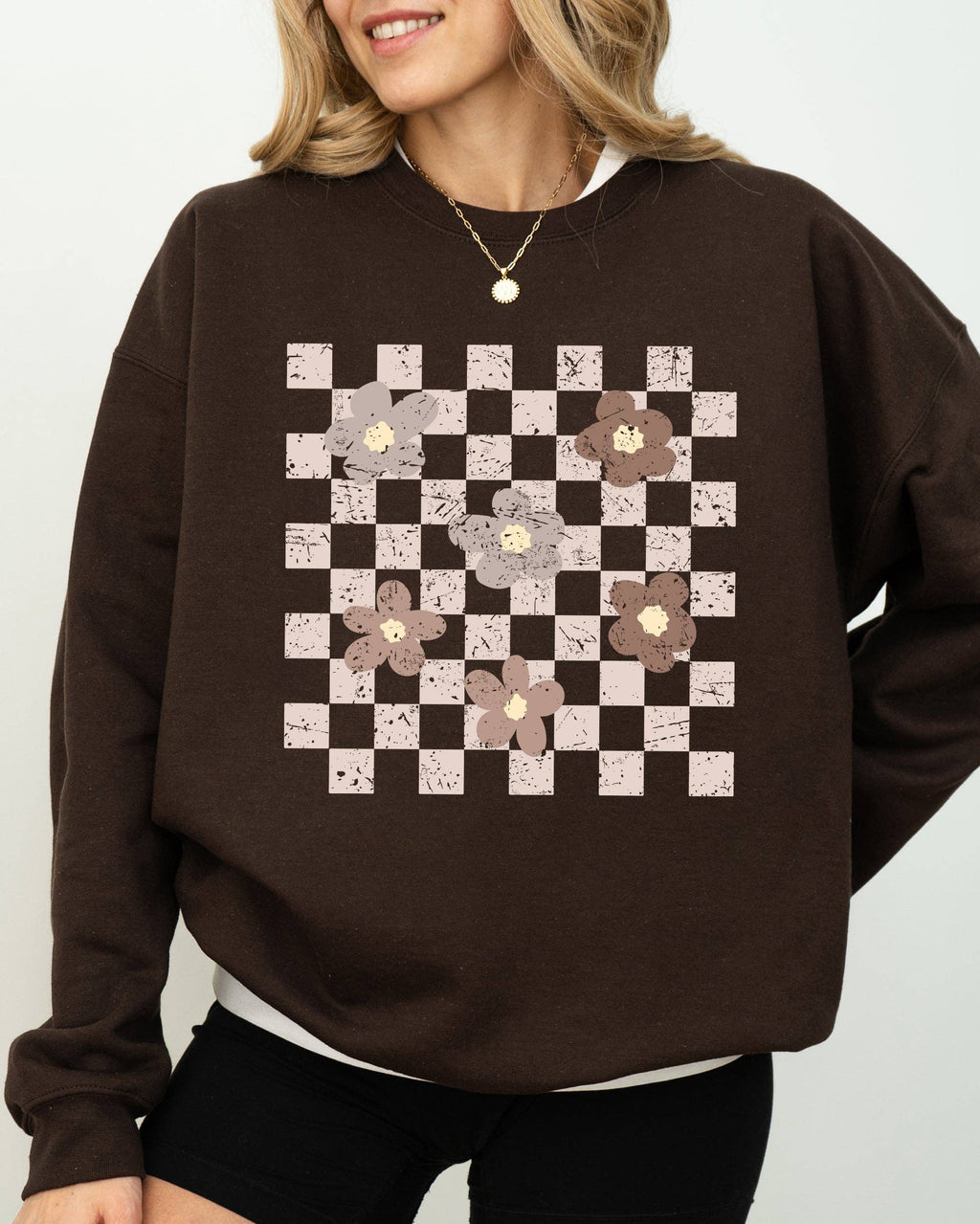 Retro Minimalist Flowers Checkered Floral Daisies - Adult & Kids T-Shirts, Sweatshirts & Hoodies apparel design preview 1