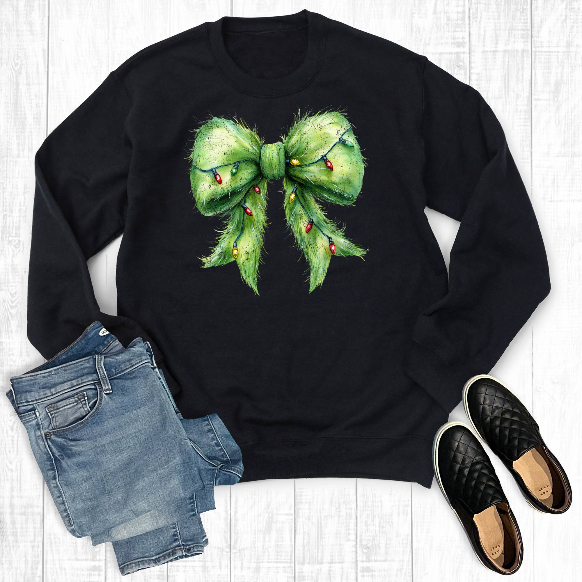 Merry Christmas Lights Coquette Bow - Adult & Kids T-Shirts, Sweatshirts & Hoodies apparel design preview 1
