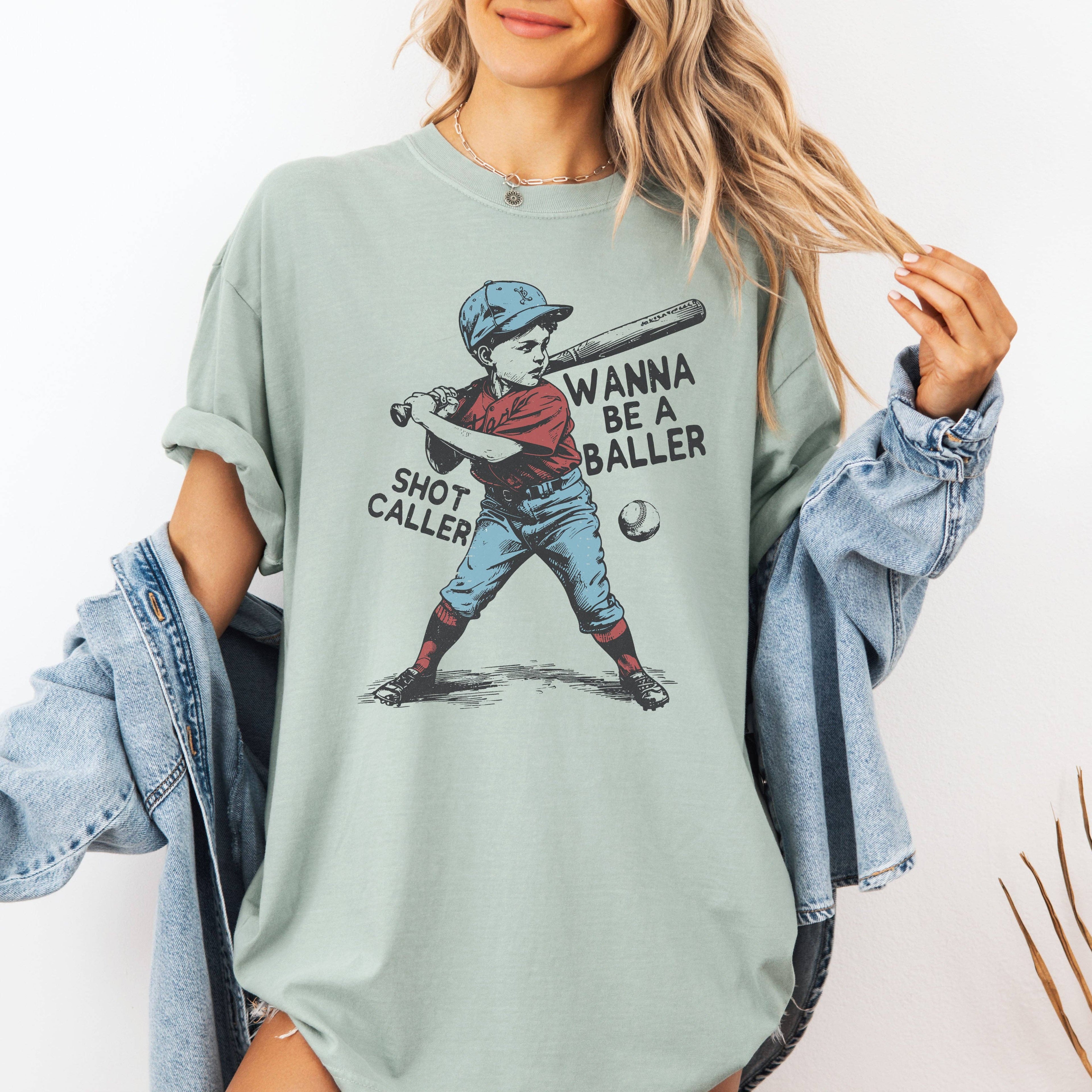 Wanna Be A Baller Shot Caller, Vintage Baseball Retro - Adult & Kids T-Shirts, Sweatshirts & Hoodies apparel design preview 1