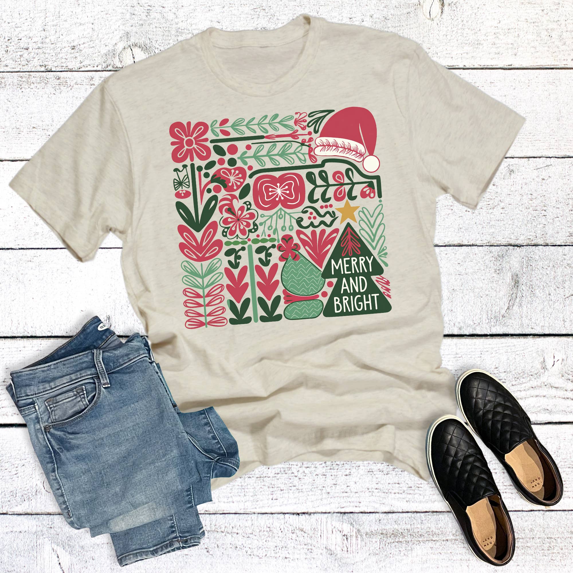 Retro Floral Merry and Bright Christmas Graphic - Adult & Kids T-Shirts, Sweatshirts & Hoodies apparel design preview 1