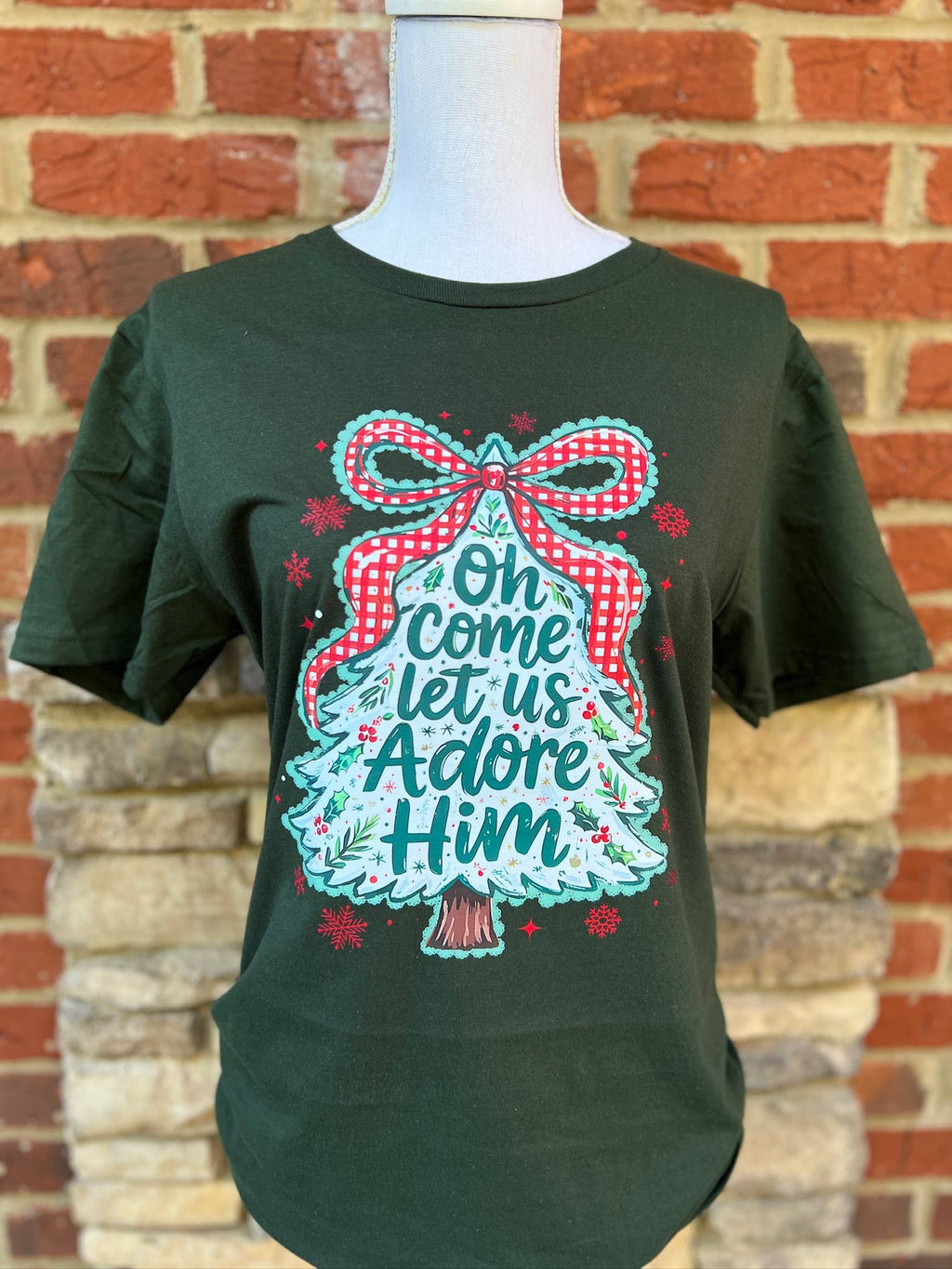 Oh Come Let Us Adore Him On Gildan Softstyle Forest - Adult & Kids T-Shirts, Sweatshirts & Hoodies apparel design preview 1