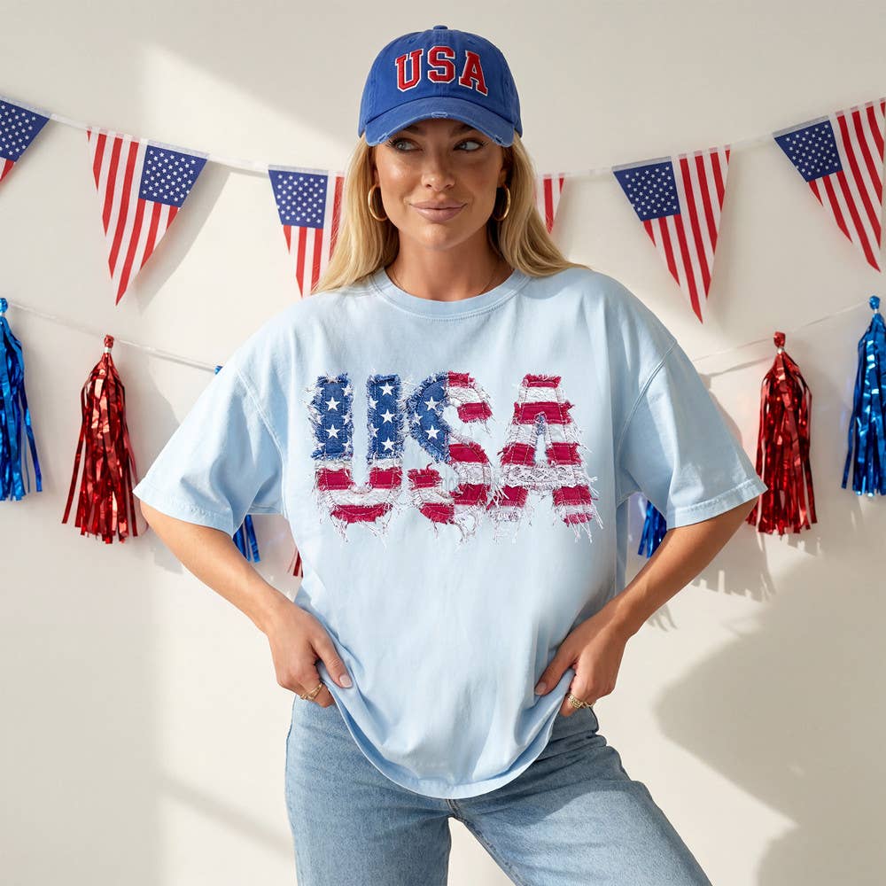 Faux Frayed Fabric Patchwork USA - Adult & Kids T-Shirts, Sweatshirts & Hoodies apparel design preview 1