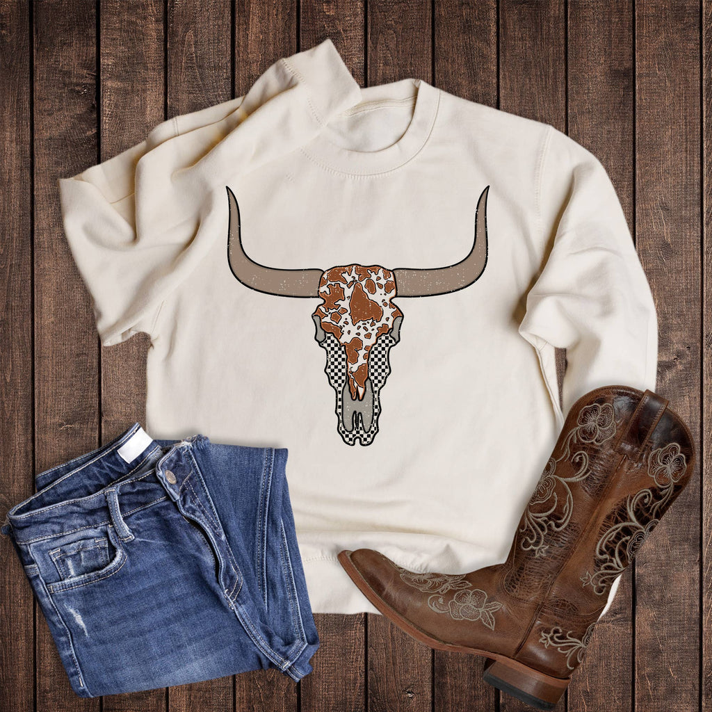 Western Check Cow Print Skull - Adult & Kids T-Shirts, Sweatshirts & Hoodies apparel design preview 1