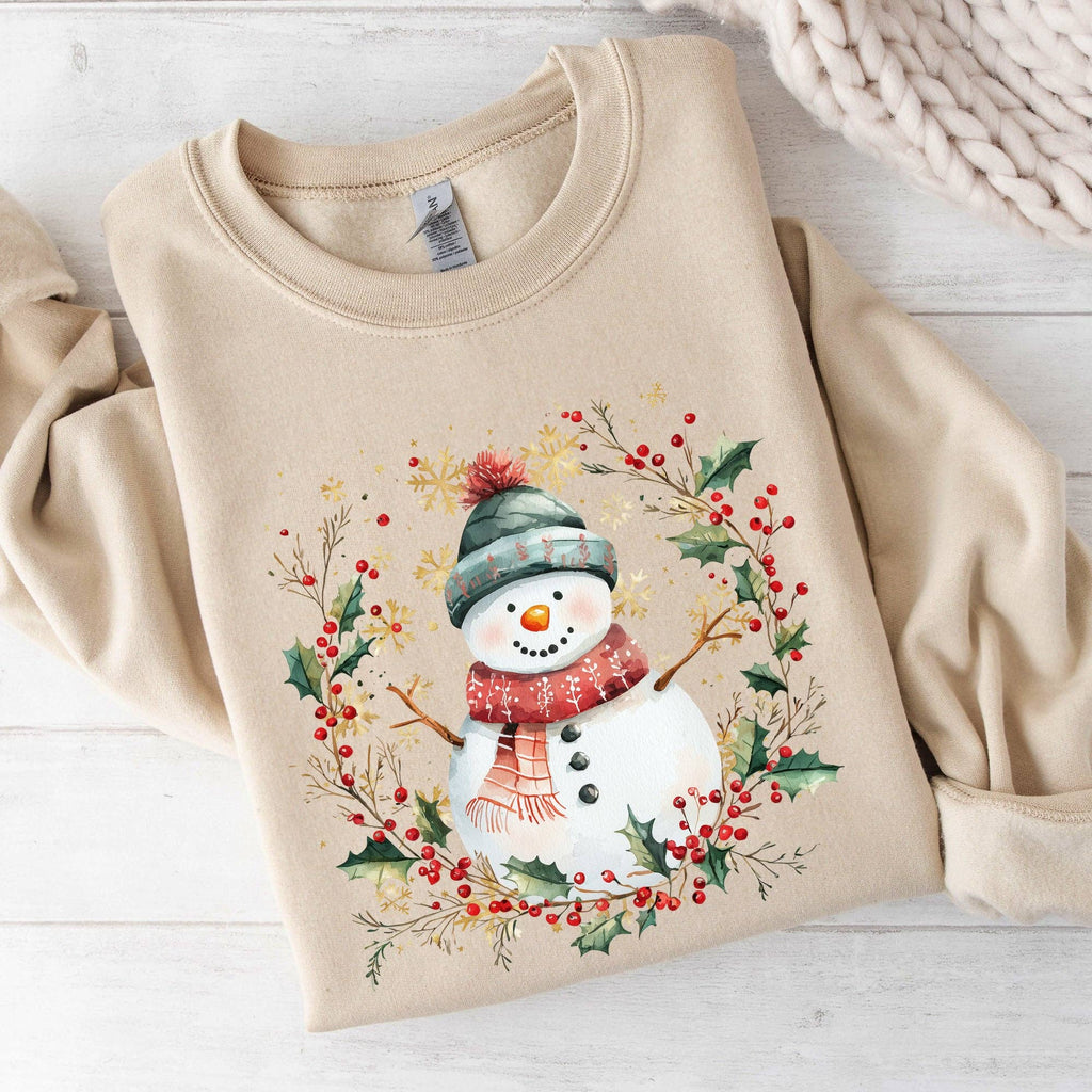 Snowman, Wreath, Christmas Botanical, Holly Cute - Adult & Kids T-Shirts, Sweatshirts & Hoodies apparel design preview 1