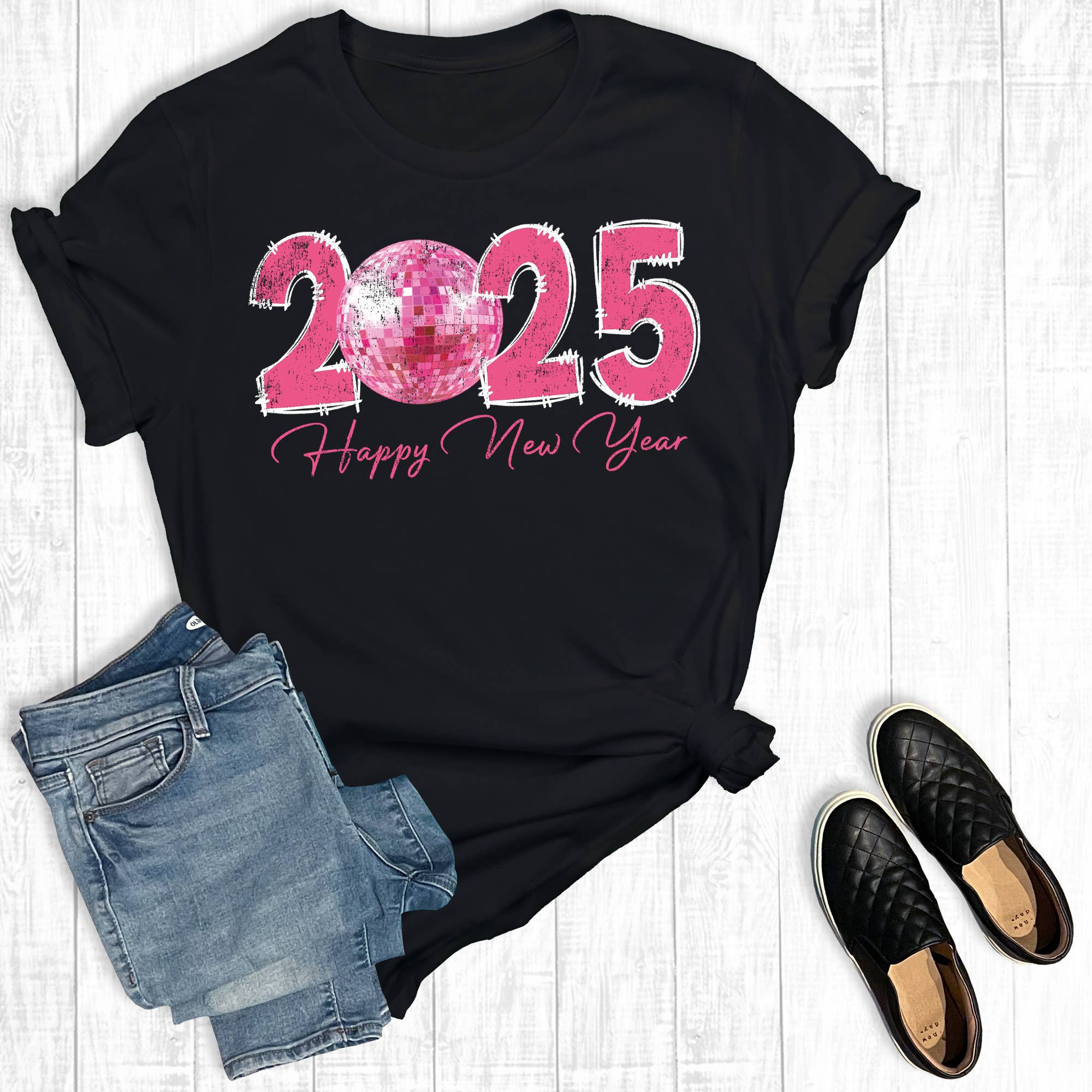 Happy New Year 2025 Pink Disco Ball Graphic - Adult & Kids T-Shirts, Sweatshirts & Hoodies apparel design preview 1