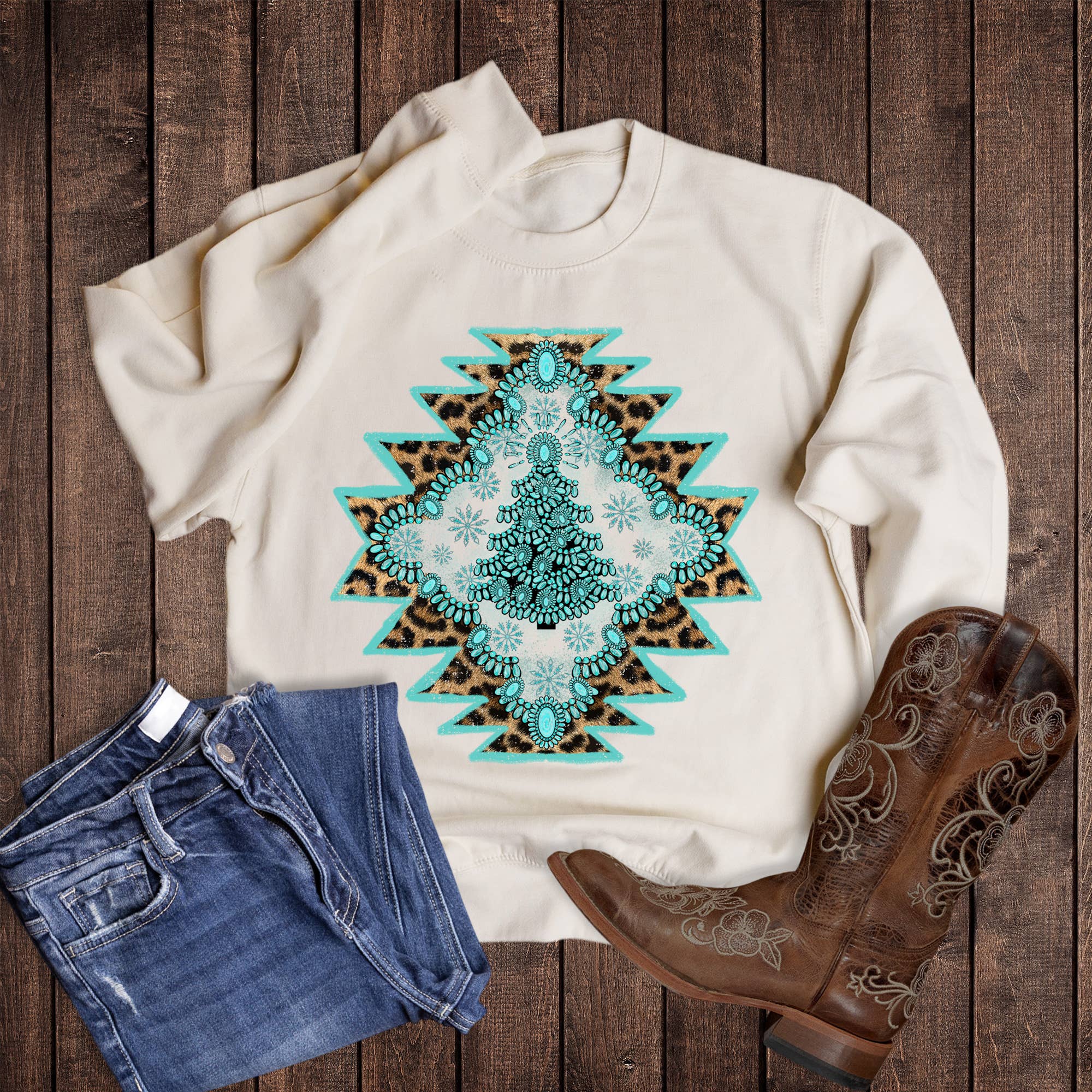 Christmas Western Tree Turquoise Aztec - Adult & Kids T-Shirts, Sweatshirts & Hoodies apparel design preview 1