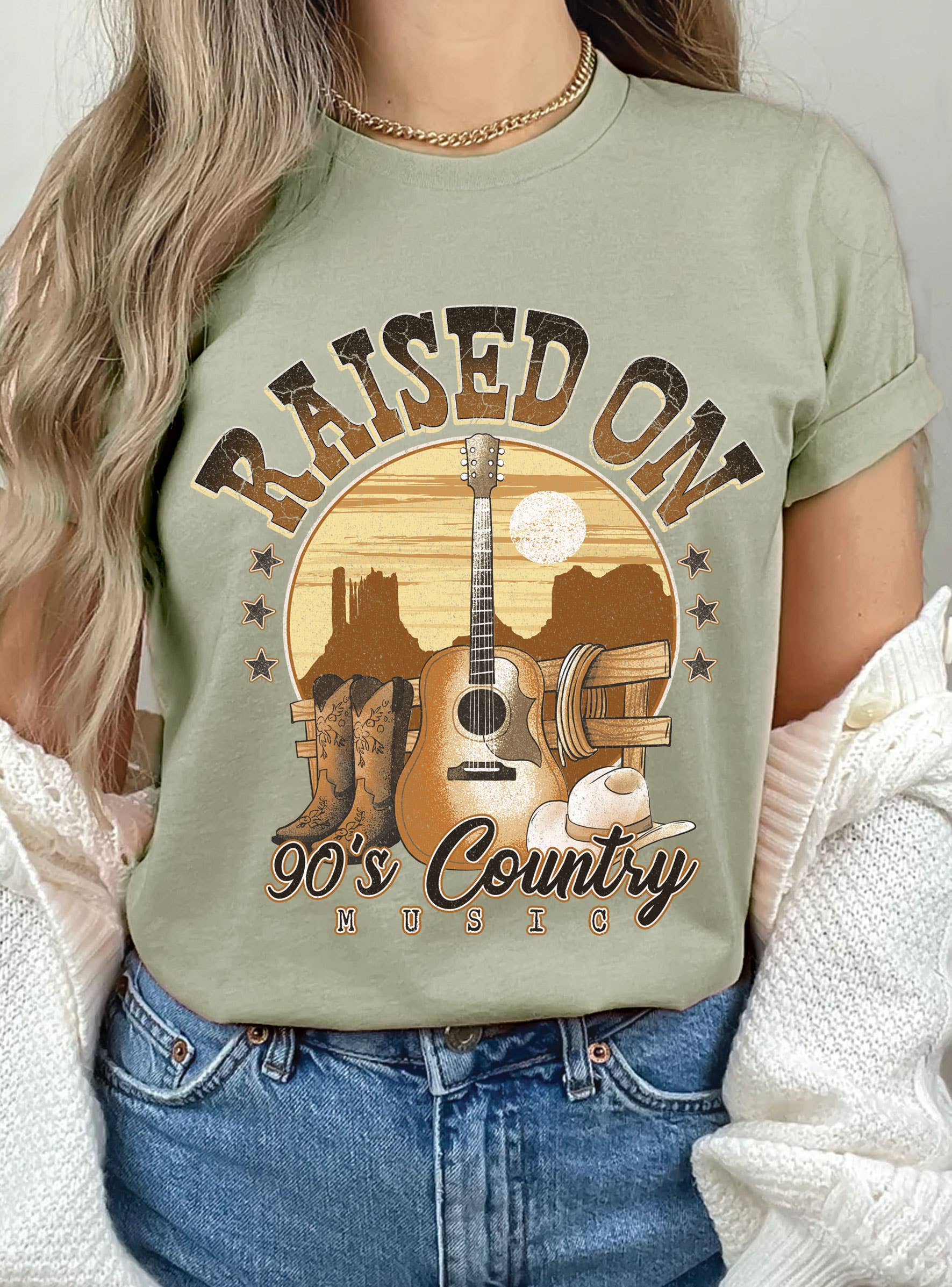 Raised On 90's Country Guitar Graphic - Adult & Kids T-Shirts, Sweatshirts & Hoodies apparel design preview 1