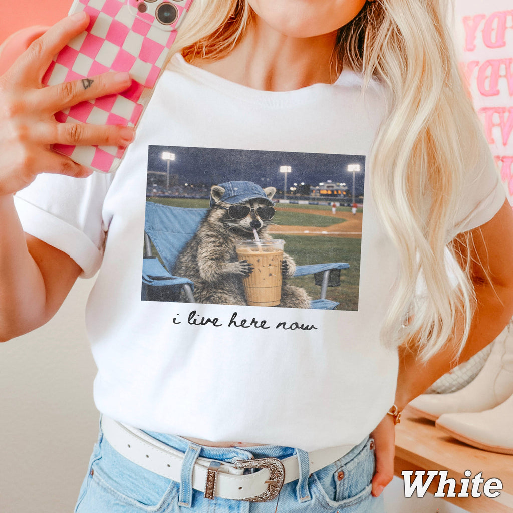 I Live Here Now Raccoon Baseball Comfort Color - Adult & Kids T-Shirts, Sweatshirts & Hoodies apparel design preview 1