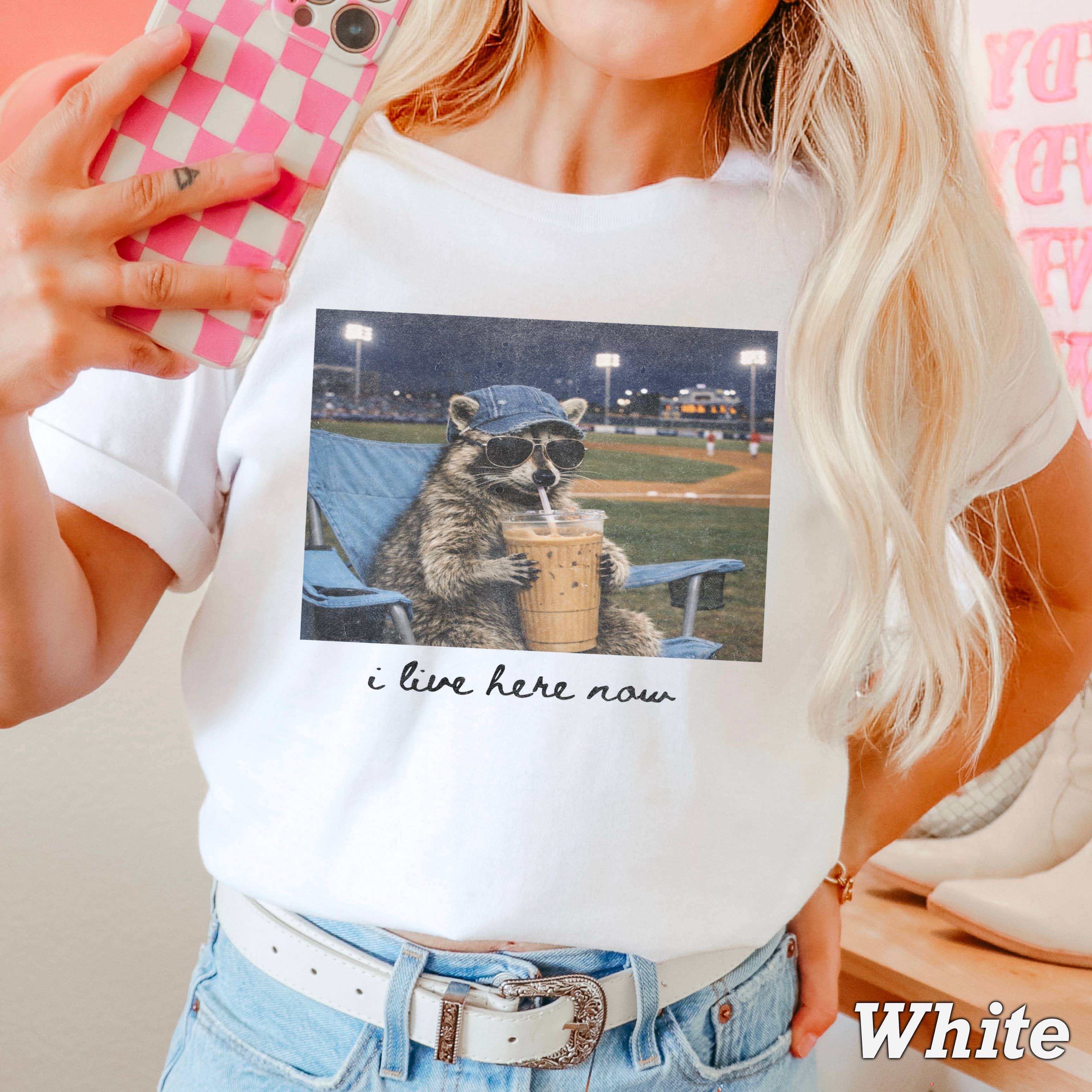 I Live Here Now Raccoon Baseball Comfort Color - Adult & Kids T-Shirts, Sweatshirts & Hoodies apparel design preview 1