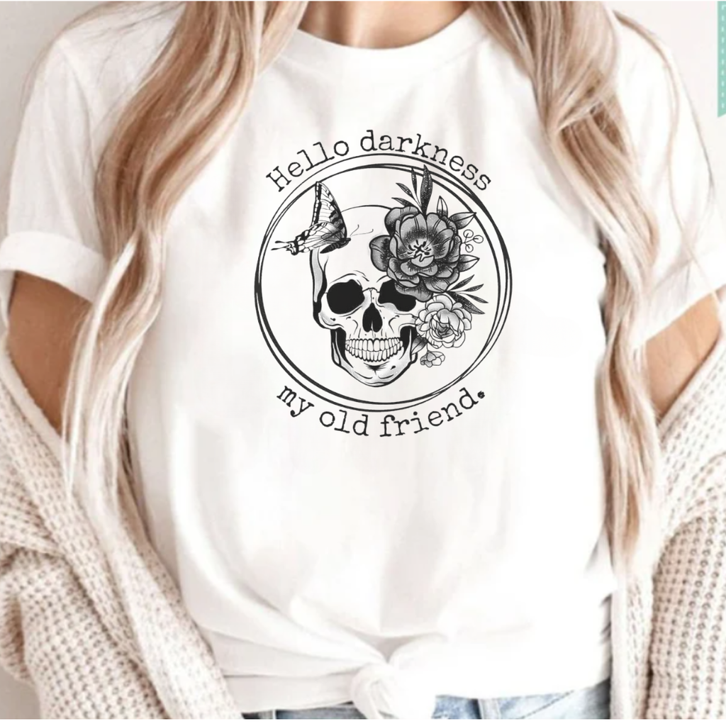 Hello Darkness My Old Friend Skull and Flowers - Adult & Kids T-Shirts, Sweatshirts & Hoodies apparel design preview 1