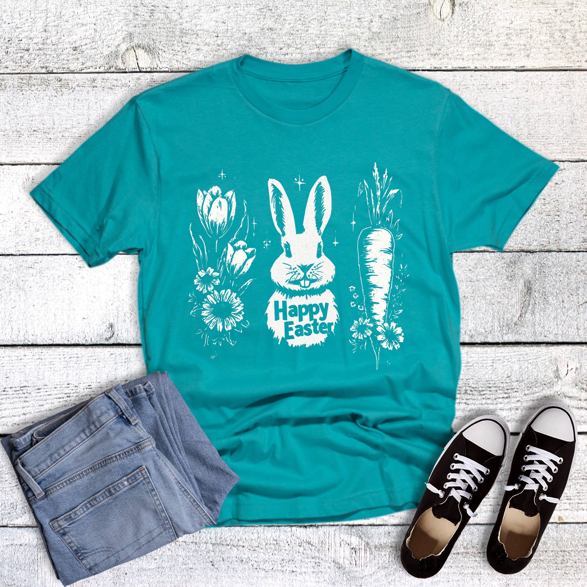 Easter Vintage Flowers Rabbit Carrot Graphic - Adult & Kids T-Shirts, Sweatshirts & Hoodies apparel design preview 1