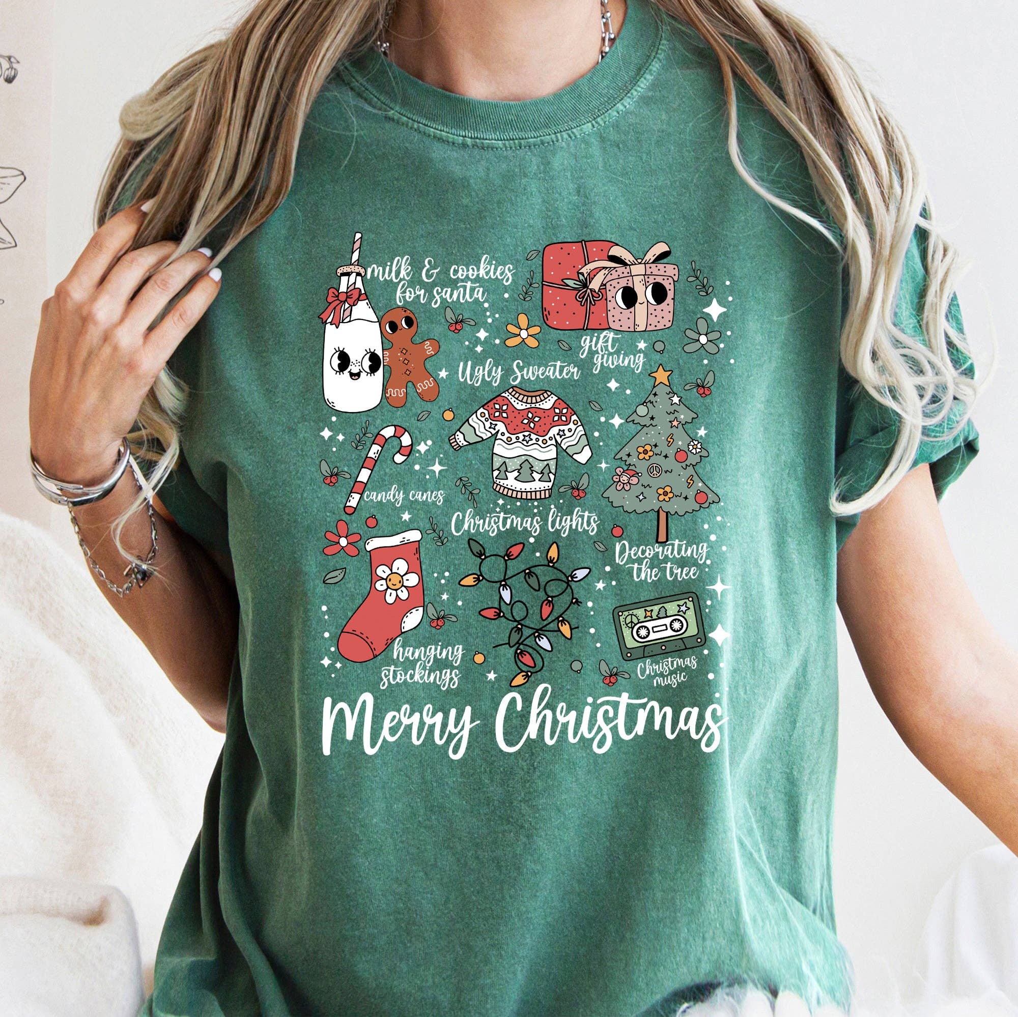 Merry Christmas Doodles, Cute, Santa, Tree, Retro, - Adult & Kids T-Shirts, Sweatshirts & Hoodies apparel design preview 1