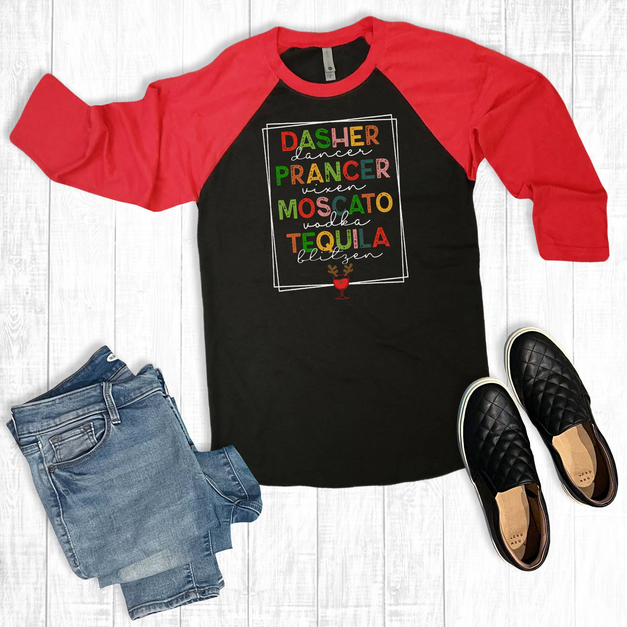 Dasher Dancer Prancer Wine Raglan - Adult & Kids T-Shirts, Sweatshirts & Hoodies apparel design preview 1