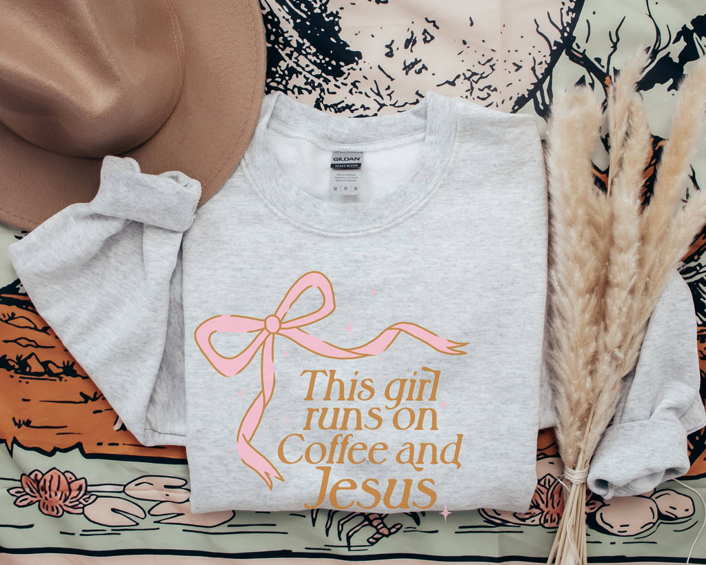This Girl Runs On Coffee and Jesus Bow Christian - Adult & Kids T-Shirts, Sweatshirts & Hoodies apparel design preview 1