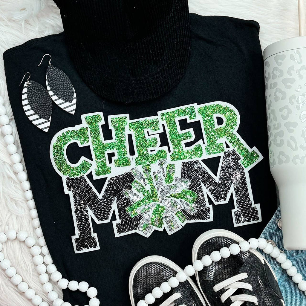 Green Sequin Cheer Mom Patch Black Everyday - Adult & Kids T-Shirts, Sweatshirts & Hoodies apparel design preview 1