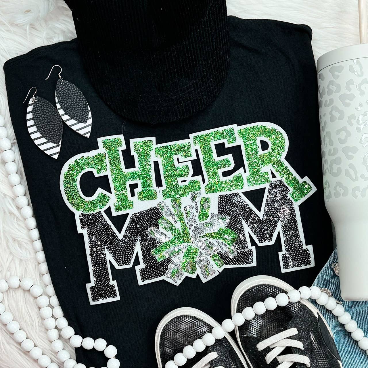 Green Sequin Cheer Mom Patch Black Everyday - Adult & Kids T-Shirts, Sweatshirts & Hoodies apparel design preview 1