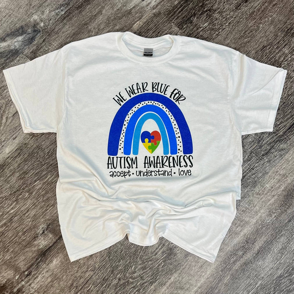 We Wear Blue For Autism Awareness On White - Adult & Kids T-Shirts, Sweatshirts & Hoodies apparel design preview 1