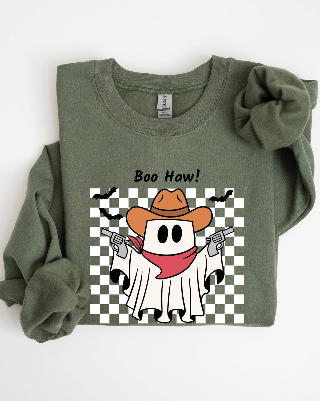 Boo Haw, Cowboy Ghost Checkered Western Halloween - Adult & Kids T-Shirts, Sweatshirts & Hoodies apparel design preview 1