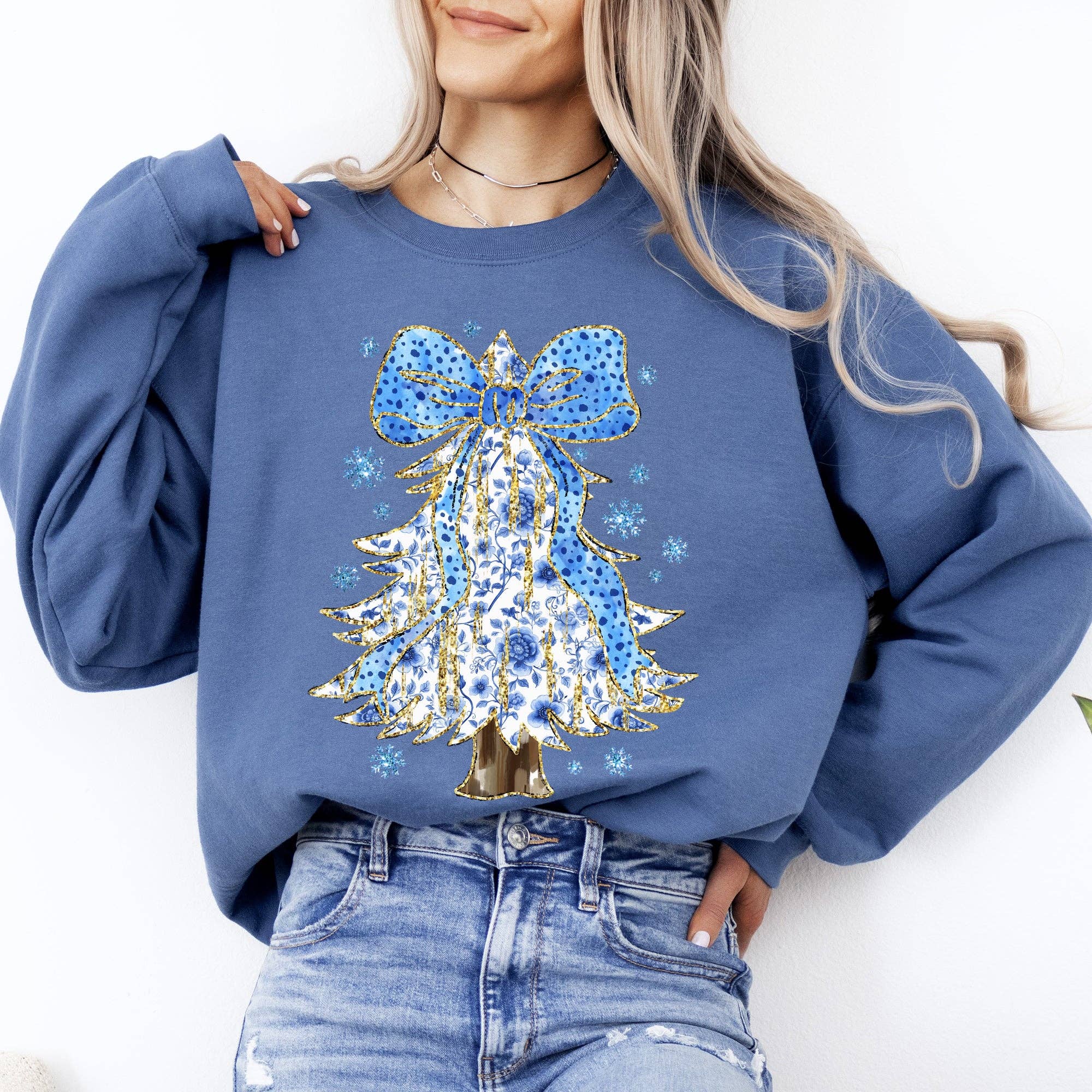 Blue Christmas, Tree, Coquette, Floral - Adult & Kids T-Shirts, Sweatshirts & Hoodies apparel design preview 1