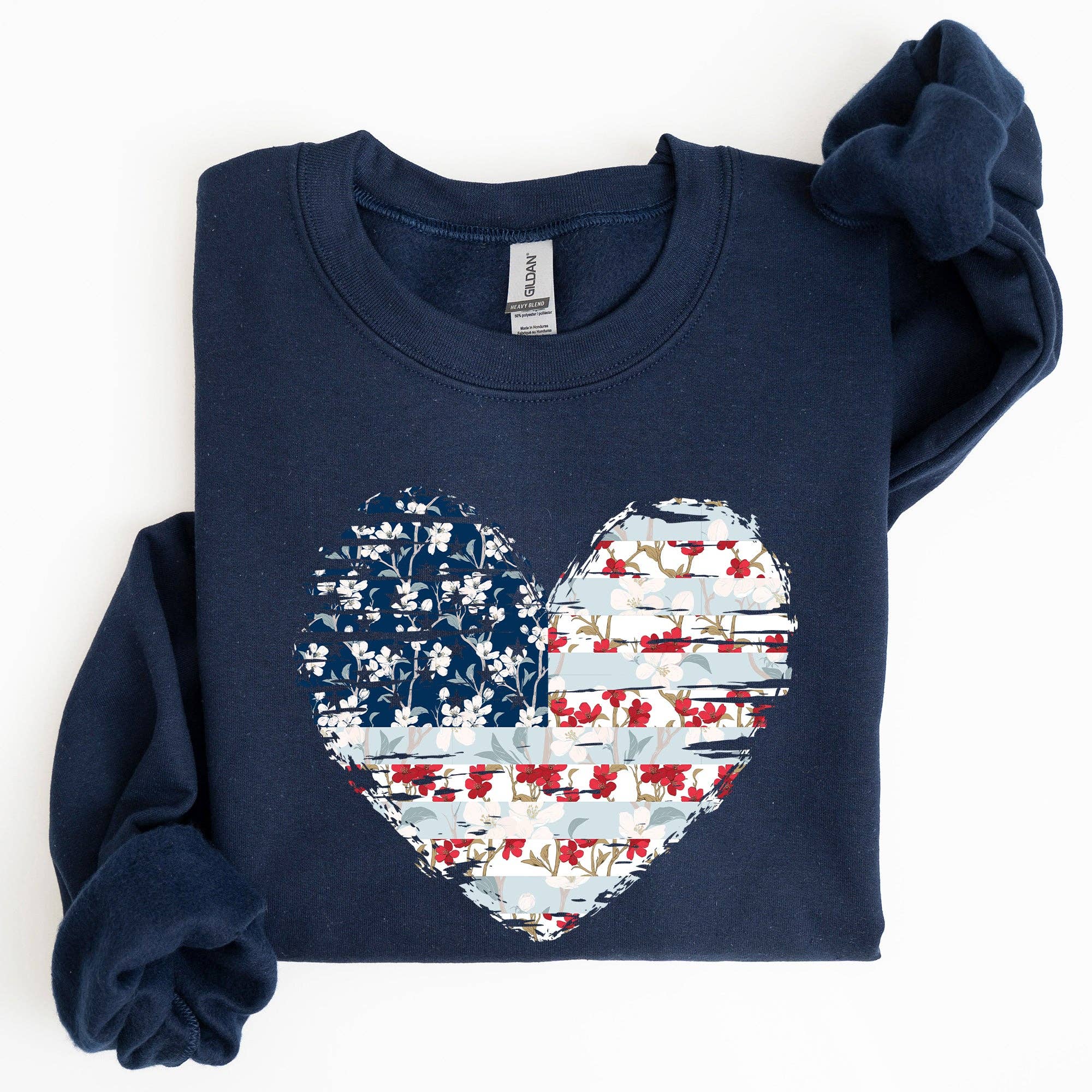Floral Patriotic Hear, Flag, USA, Stars Stripes - Adult & Kids T-Shirts, Sweatshirts & Hoodies apparel design preview 1