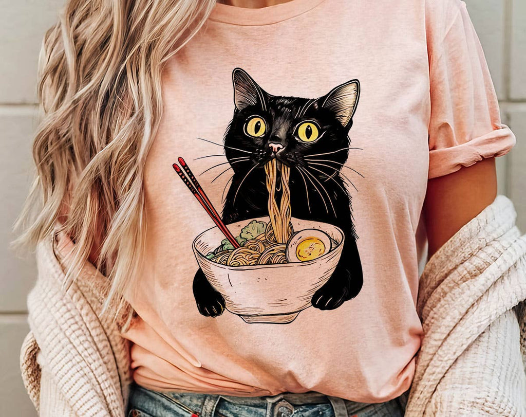 Cat Eating Ramen Cute Funny Tea Graphic - Adult & Kids T-Shirts, Sweatshirts & Hoodies apparel design preview 1
