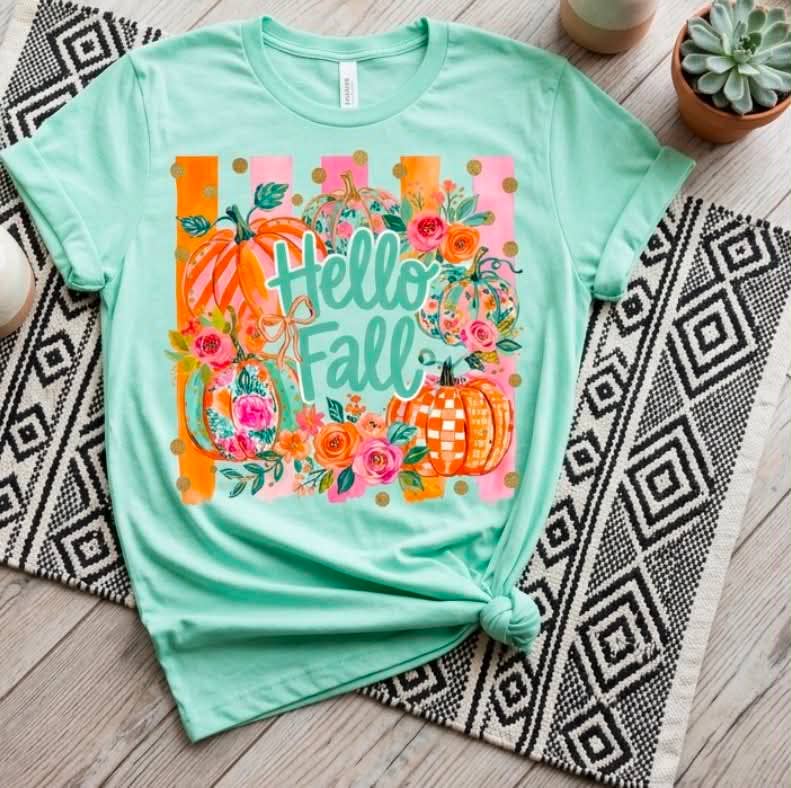 Hello Fall Pumpkin Retro Wreath Mint Seasonal Graphic - Adult & Kids T-Shirts, Sweatshirts & Hoodies apparel design preview 1