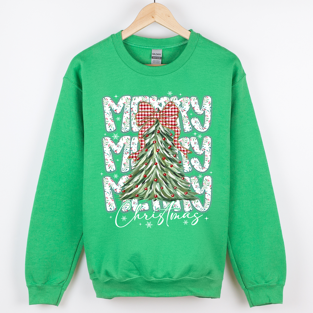 Merry Christmas, Tree, Classic Santa, Gingham Bow - Adult & Kids T-Shirts, Sweatshirts & Hoodies apparel design preview 1