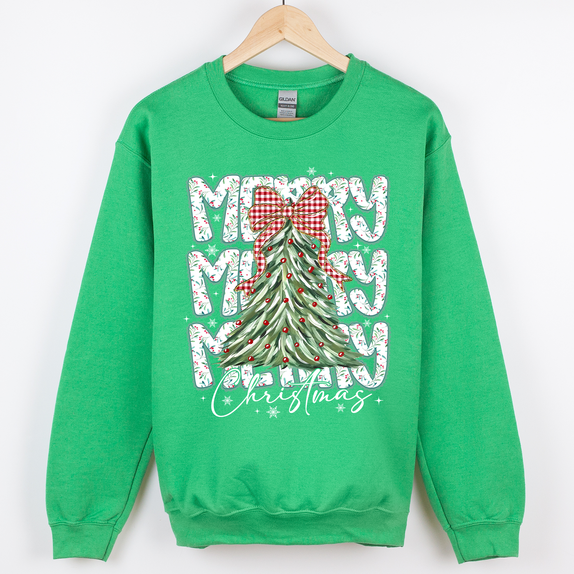 Merry Christmas, Tree, Classic Santa, Gingham Bow - Adult & Kids T-Shirts, Sweatshirts & Hoodies apparel design preview 1