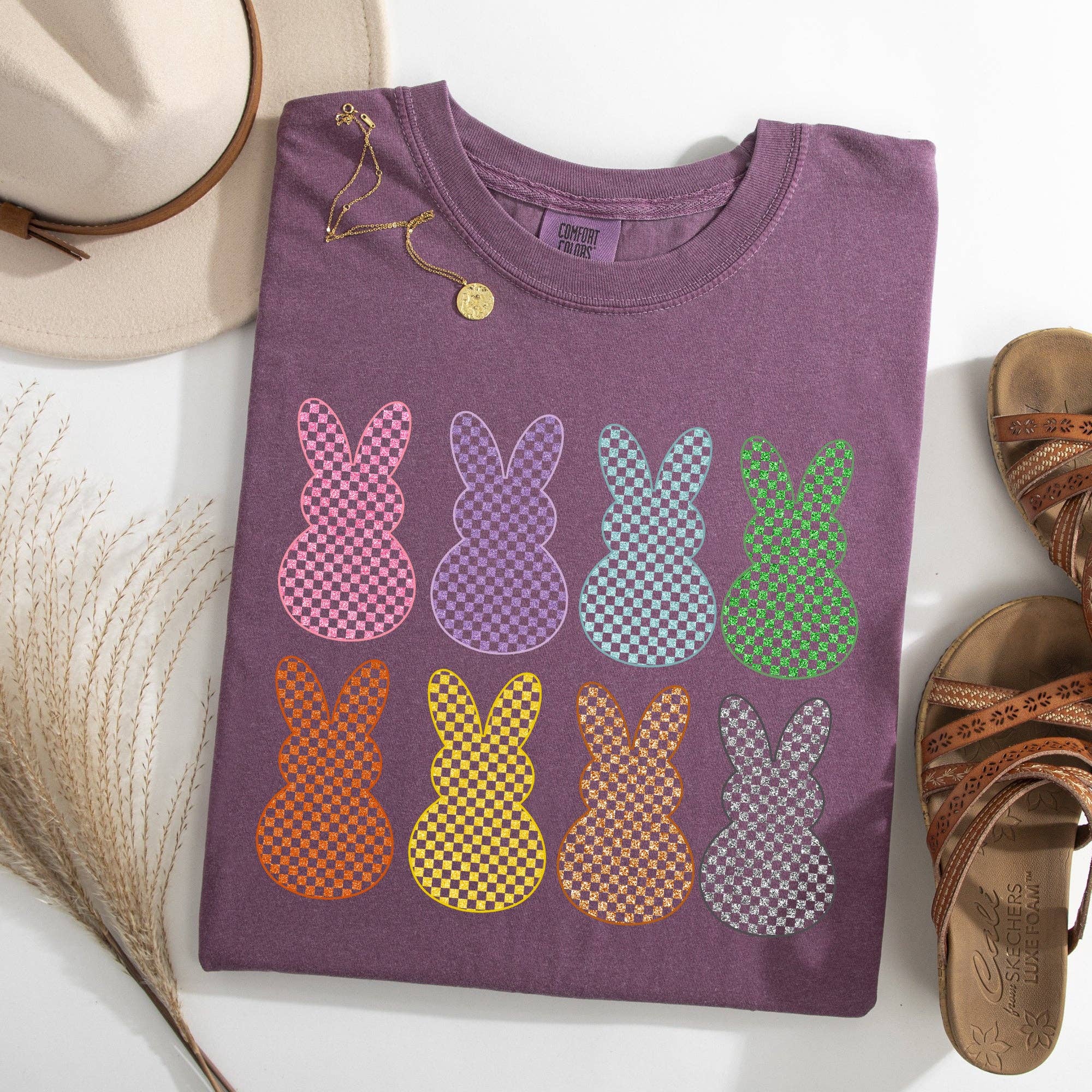 Checkered, Faux Glitter Bunnies Easter Rabbit Holiday - Adult & Kids T-Shirts, Sweatshirts & Hoodies apparel design preview 1