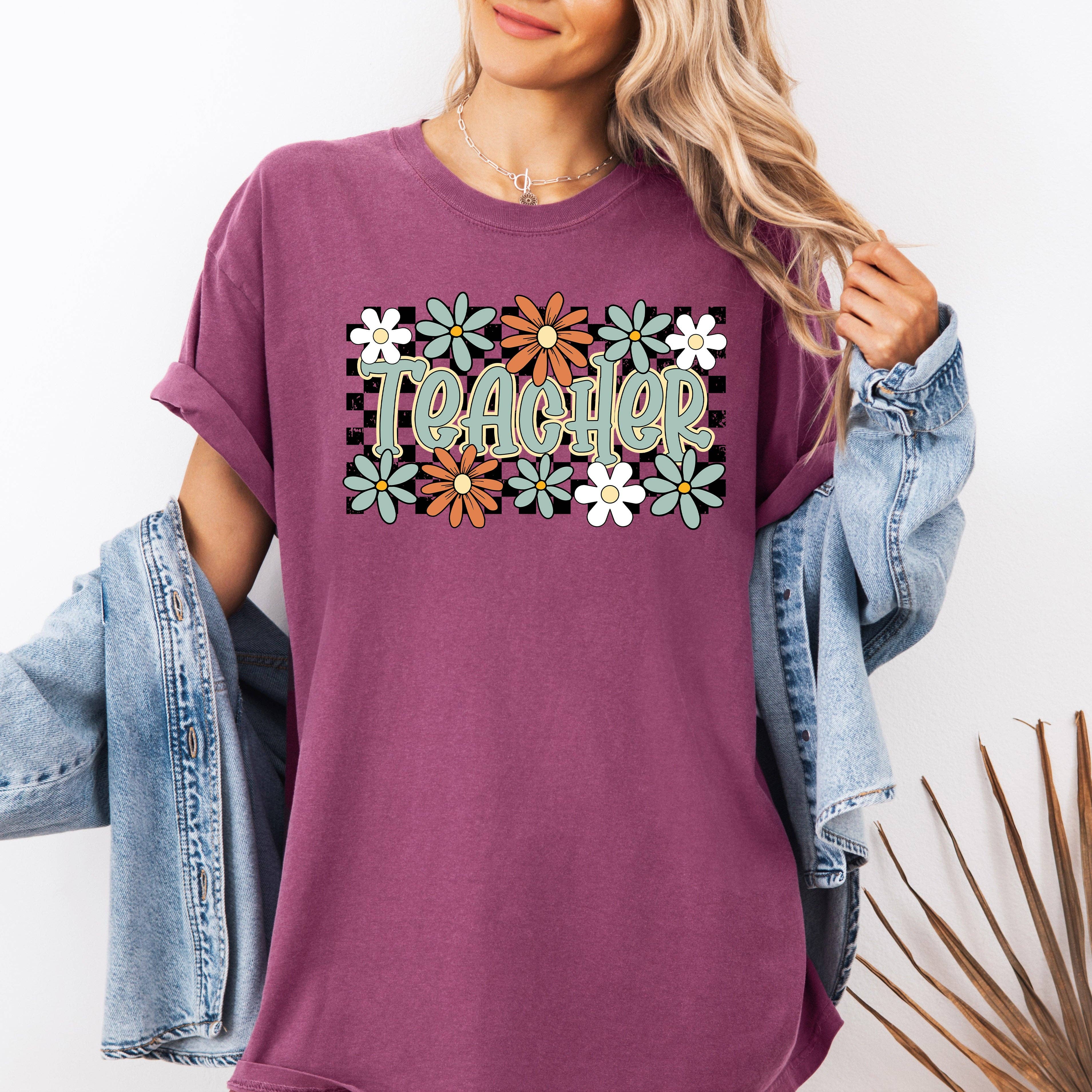 Teacher, Checkered, Floral Boho First Day of School - Adult & Kids T-Shirts, Sweatshirts & Hoodies apparel design preview 1