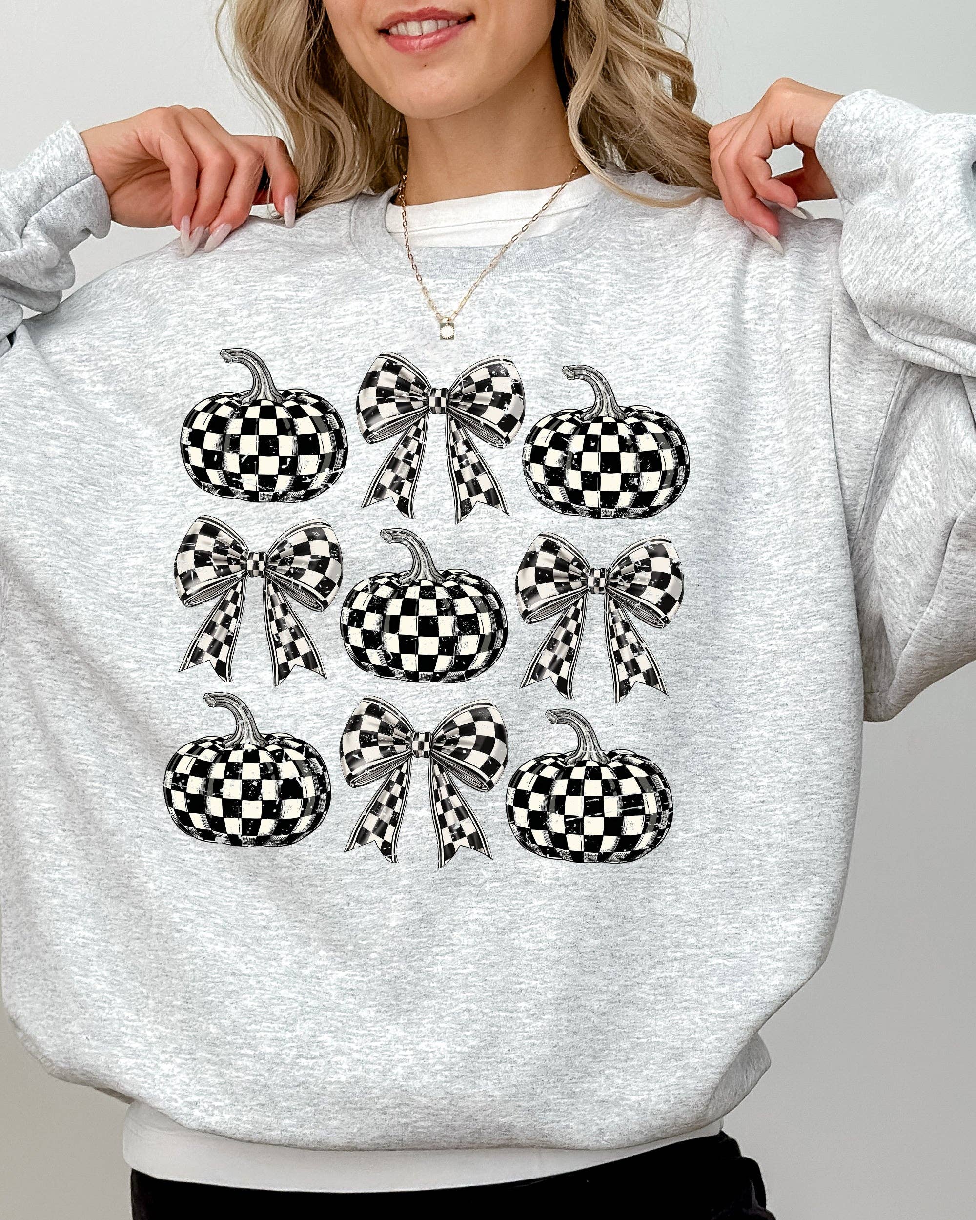Checkered Retro Pumpkins, Coquette Ribbons Fall - Adult & Kids T-Shirts, Sweatshirts & Hoodies apparel design preview 1