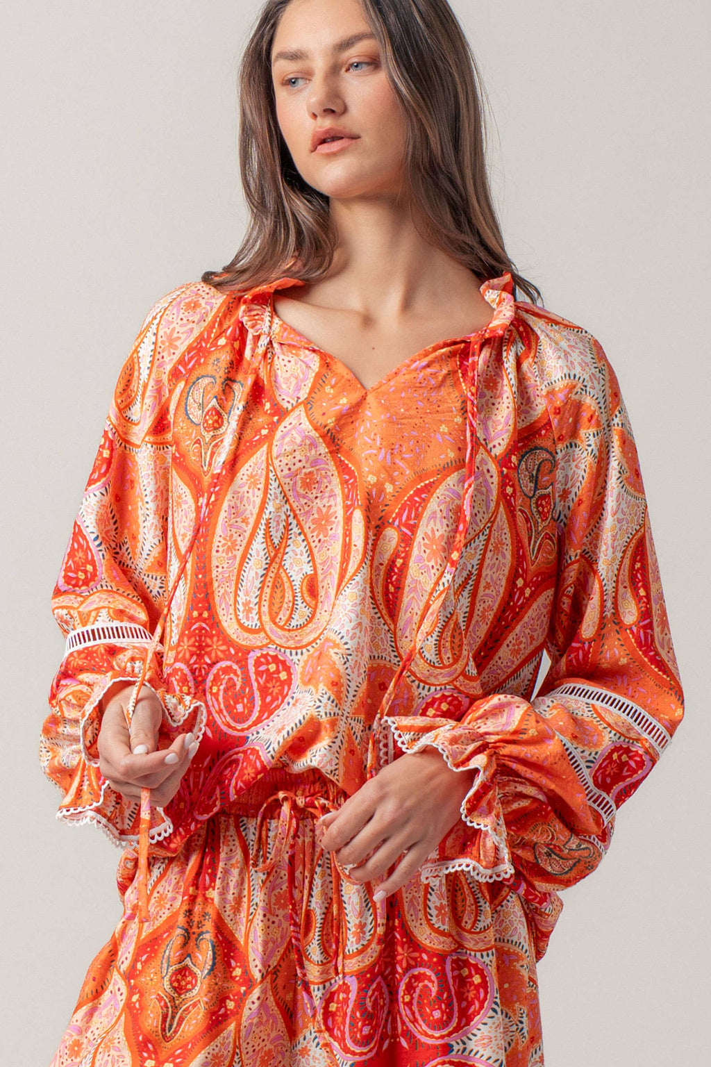 Paisley Print Tie-Neck Blouse with Bell Sleeves - Adult & Kids T-Shirts, Sweatshirts & Hoodies apparel design preview 1