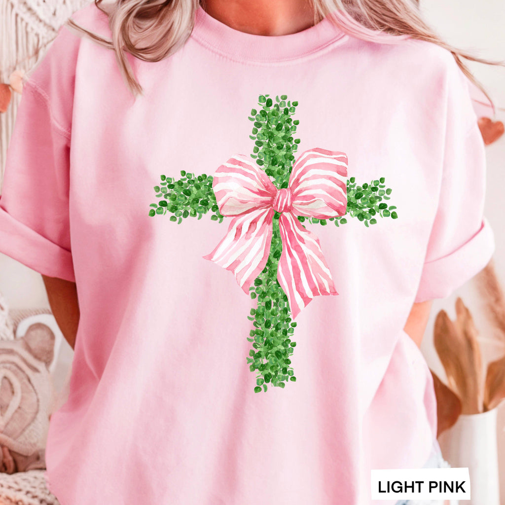 Pink Coquette Boxwood Cross Easter Graphic Gildan - Adult & Kids T-Shirts, Sweatshirts & Hoodies apparel design preview 1