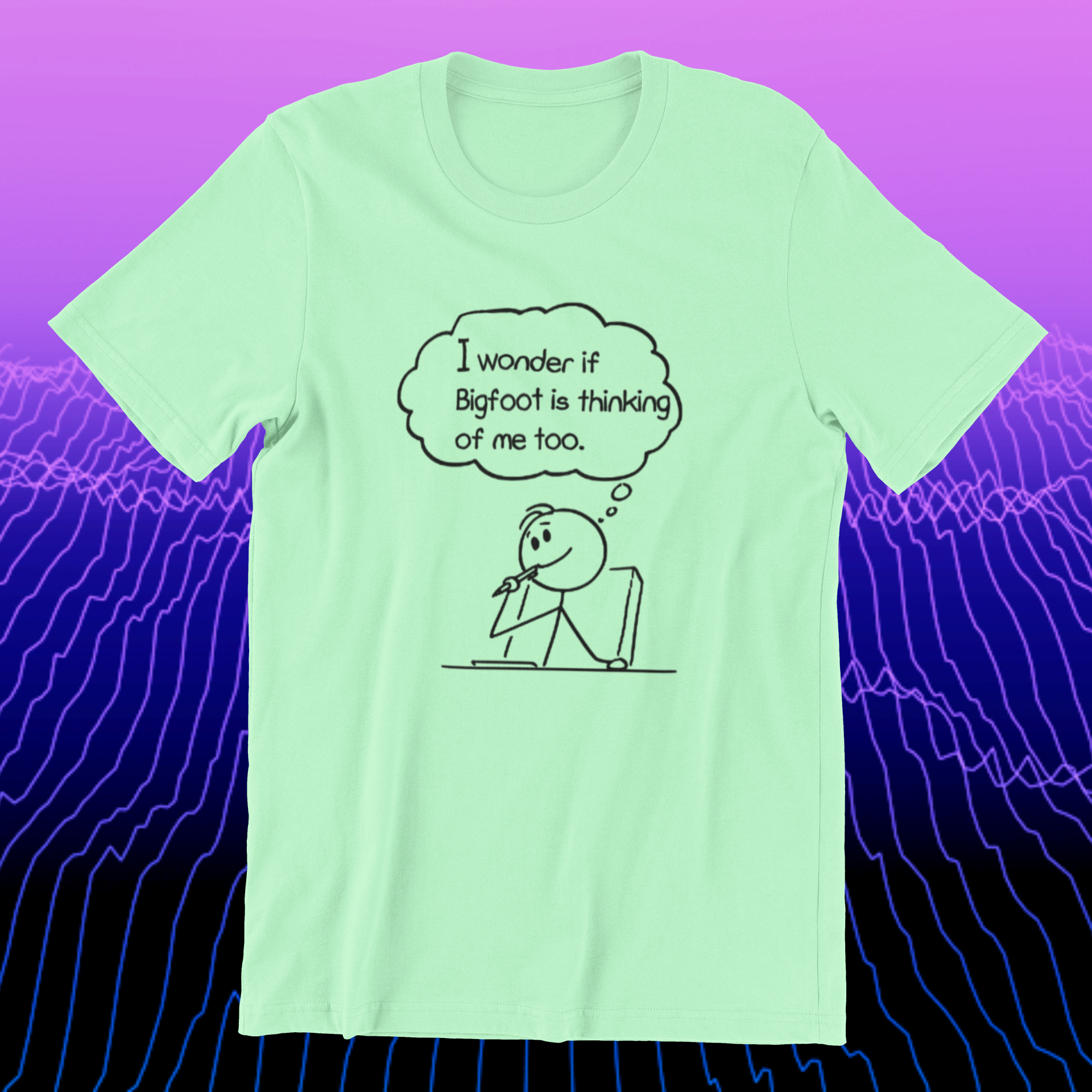 Bigfoot Thinking About Me (Mint Green) - Adult & Kids T-Shirts, Sweatshirts & Hoodies apparel design preview 1