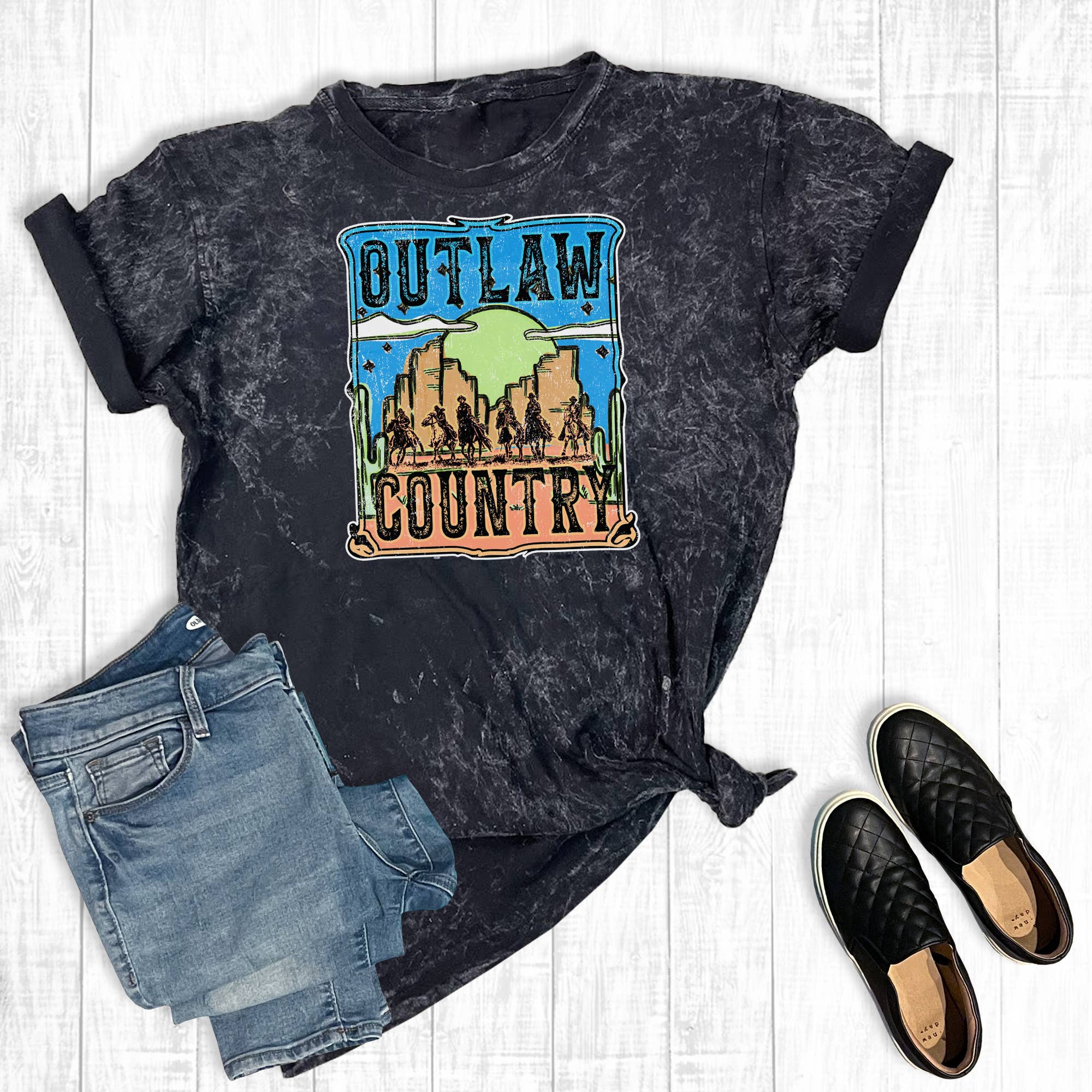 Western Outlaw Country Mineral Wash Graphic - Adult & Kids T-Shirts, Sweatshirts & Hoodies apparel design preview 1